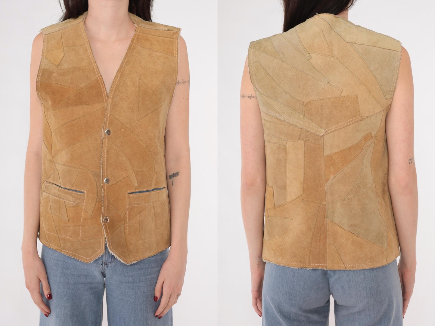 70s Tan Patchwork Suede Vest Sherpa Lined Snap Front Sleeveless Small