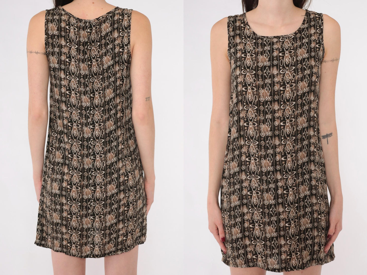 90s Geometric Mini Shift Dress Tan Brown Sleeveless Extra Small