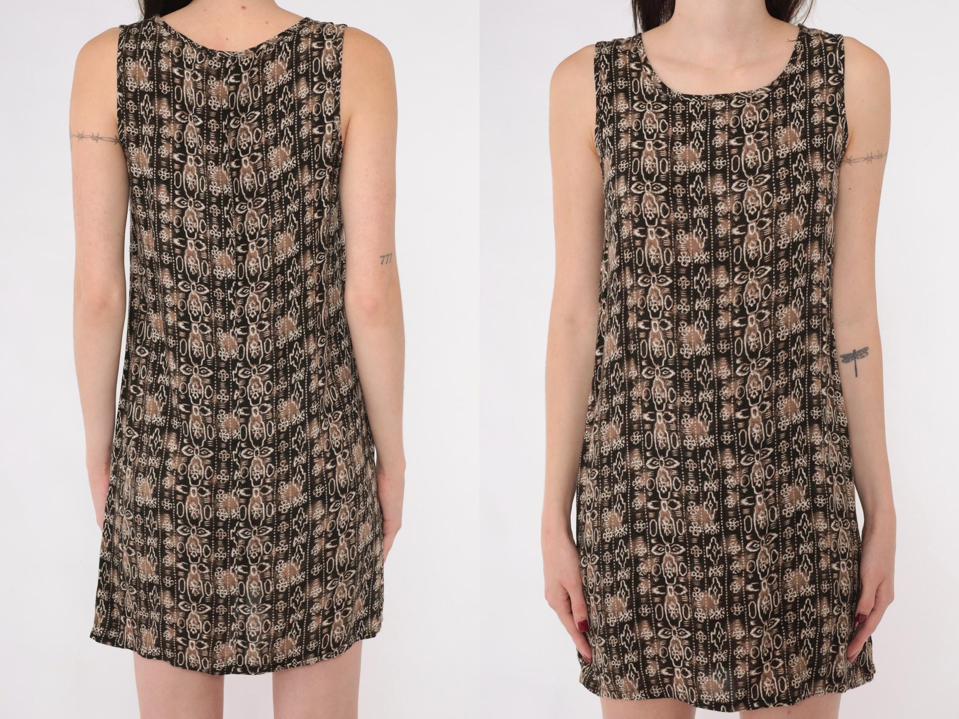 90s Geometric Mini Shift Dress Tan Brown Sleeveless Extra Small