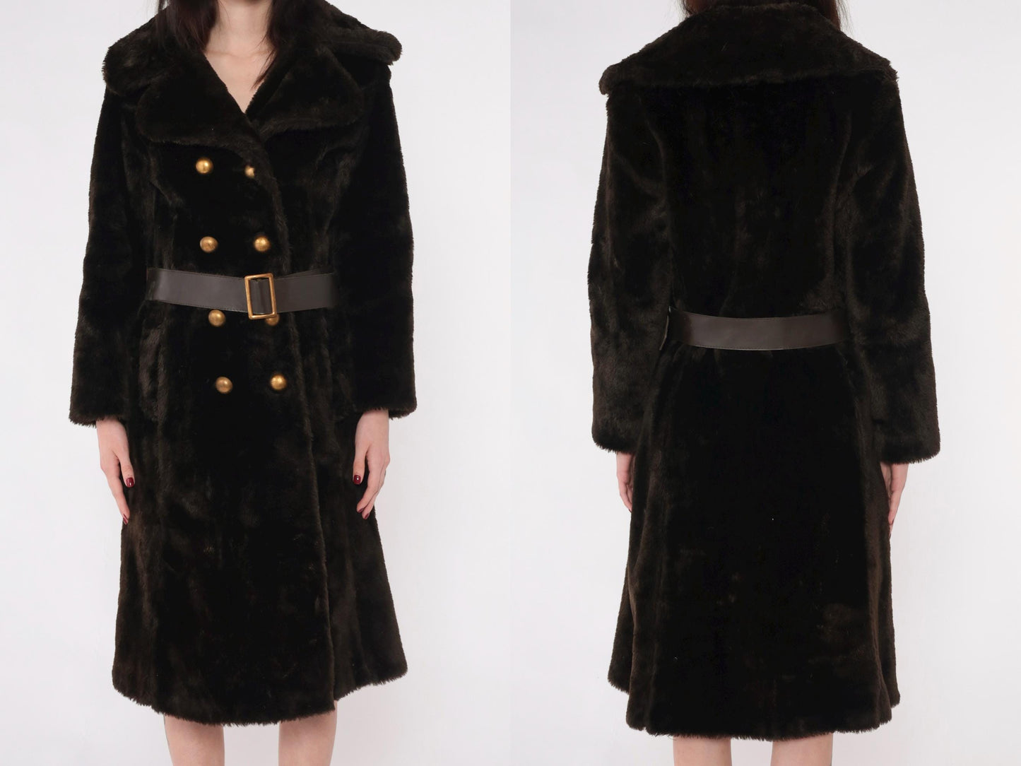 70s Brown Faux Fur Coat Double Breasted with Belt Small S