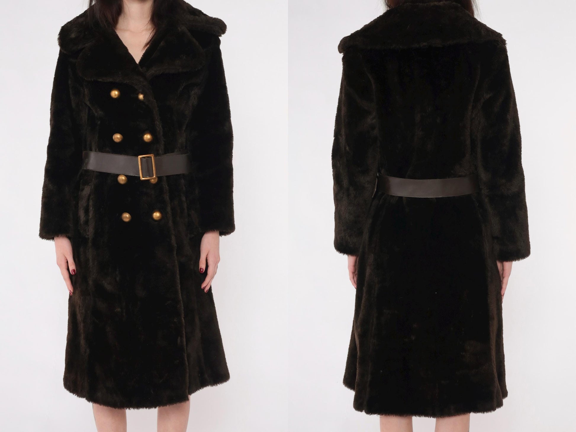 70s Brown Faux Fur Coat Double Breasted with Belt Small S
