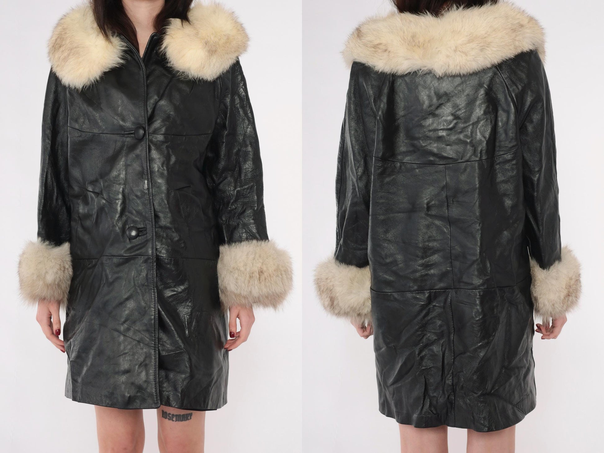 70s Black Leather Jacket Fur Collar Cuffs Button Front Medium