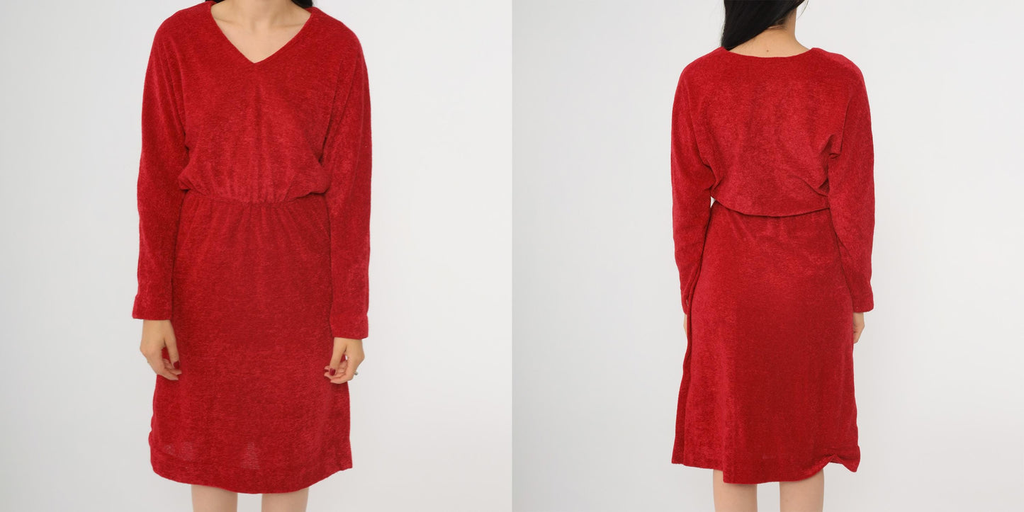 70s Red Terrycloth Midi Dress Dolman Sleeve V-Neck High Waist Small S