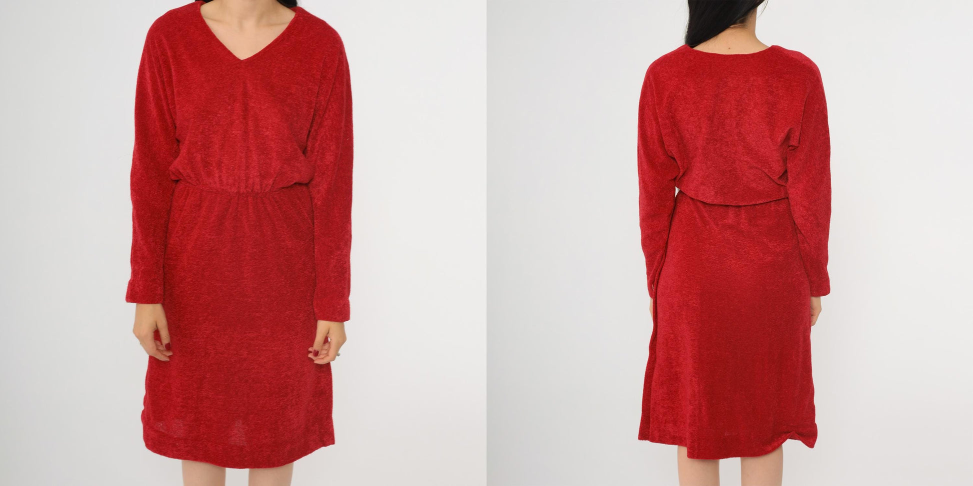 70s Red Terrycloth Midi Dress Dolman Sleeve V-Neck High Waist Small S