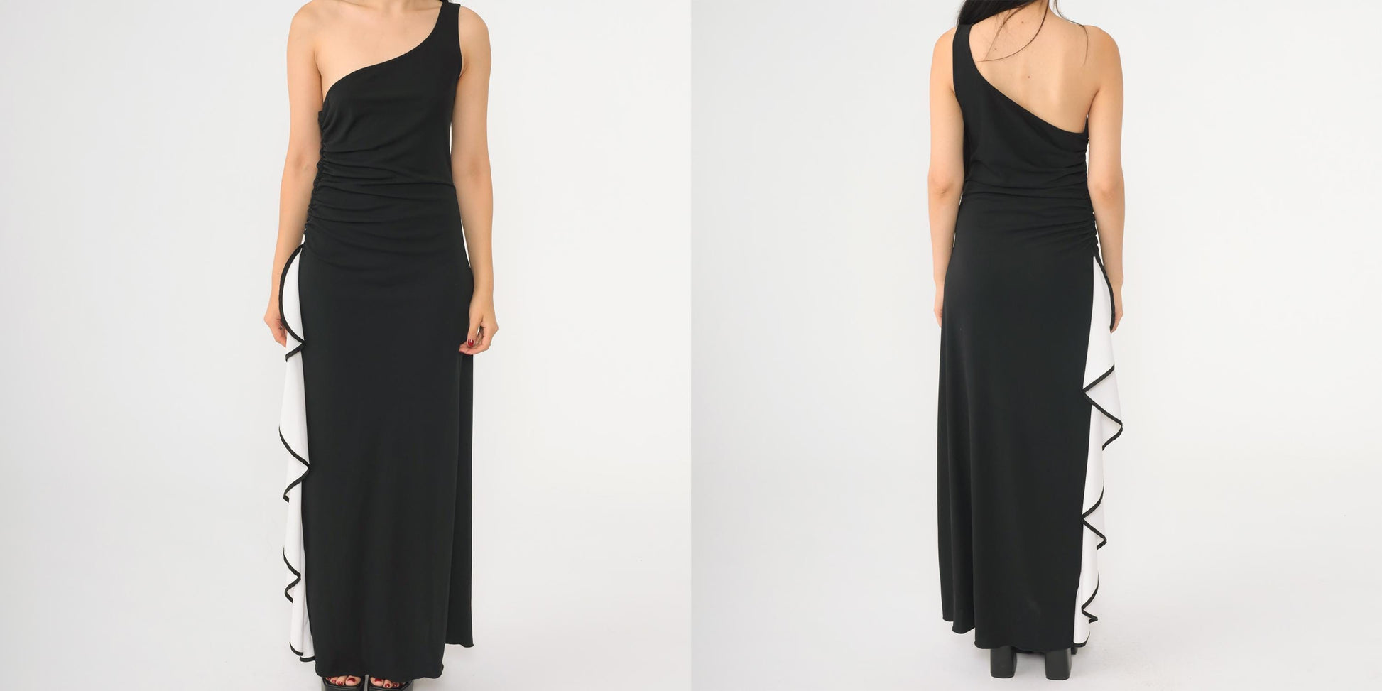 Y2K Black One-Shoulder Maxi Dress White Ruffled Column Bodycon Small