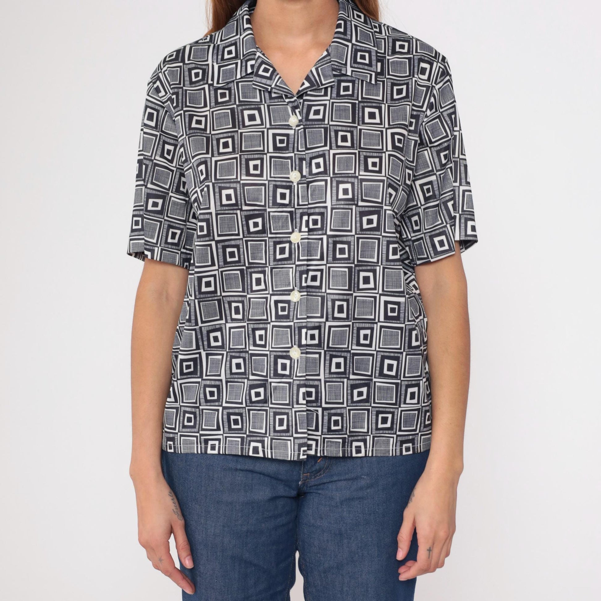 Y2K Geometric Op Art Button-Up Blouse Black White Square Print Large