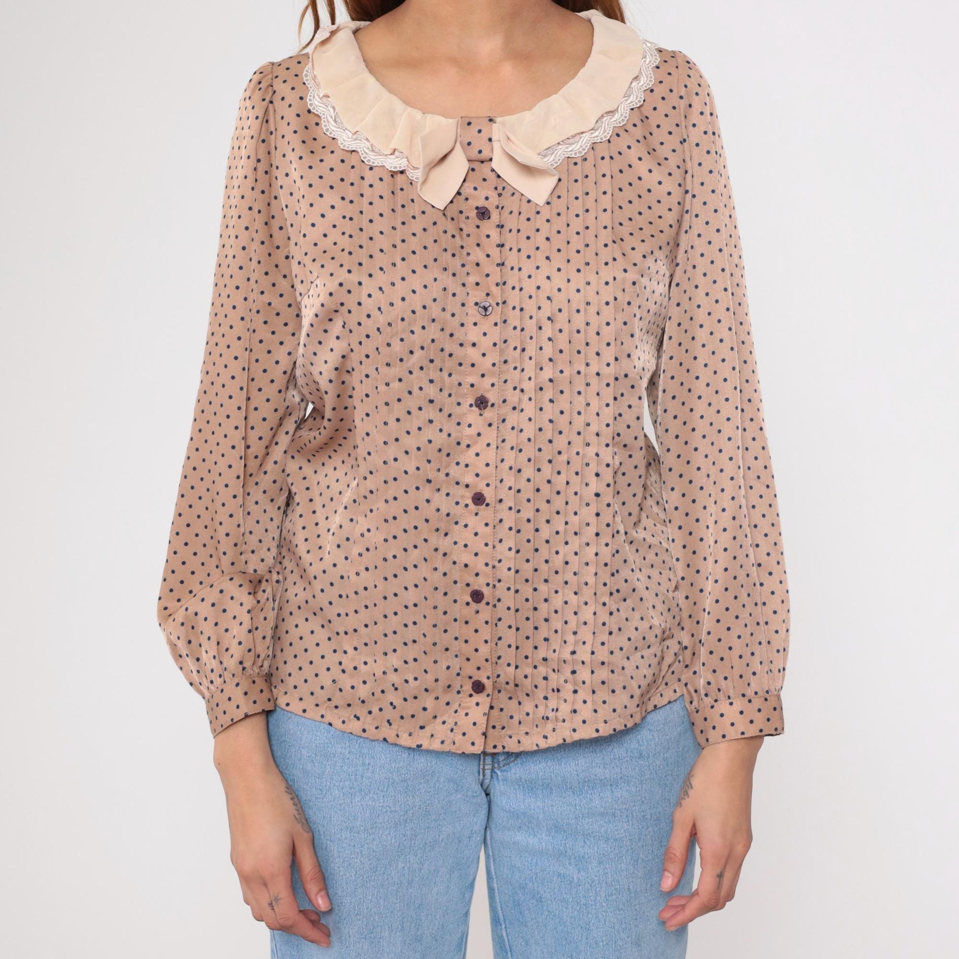 Y2K Beige Polka Dot Blouse Navy Ruffled Collar Lace Trim Button Up Large L