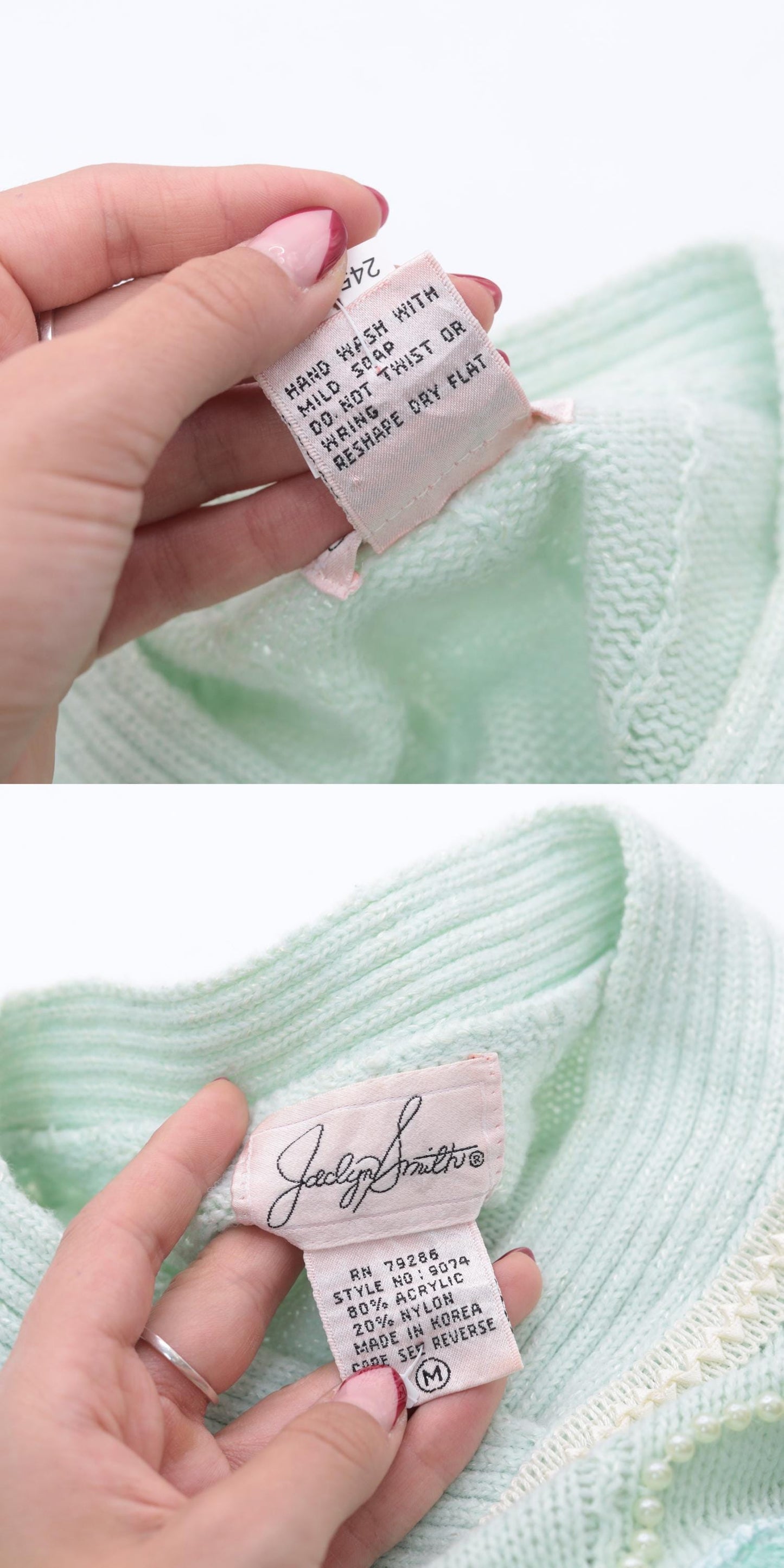 80s Seafoam Pearl Beaded Chevron Sweater Shawl Collar Knit Small