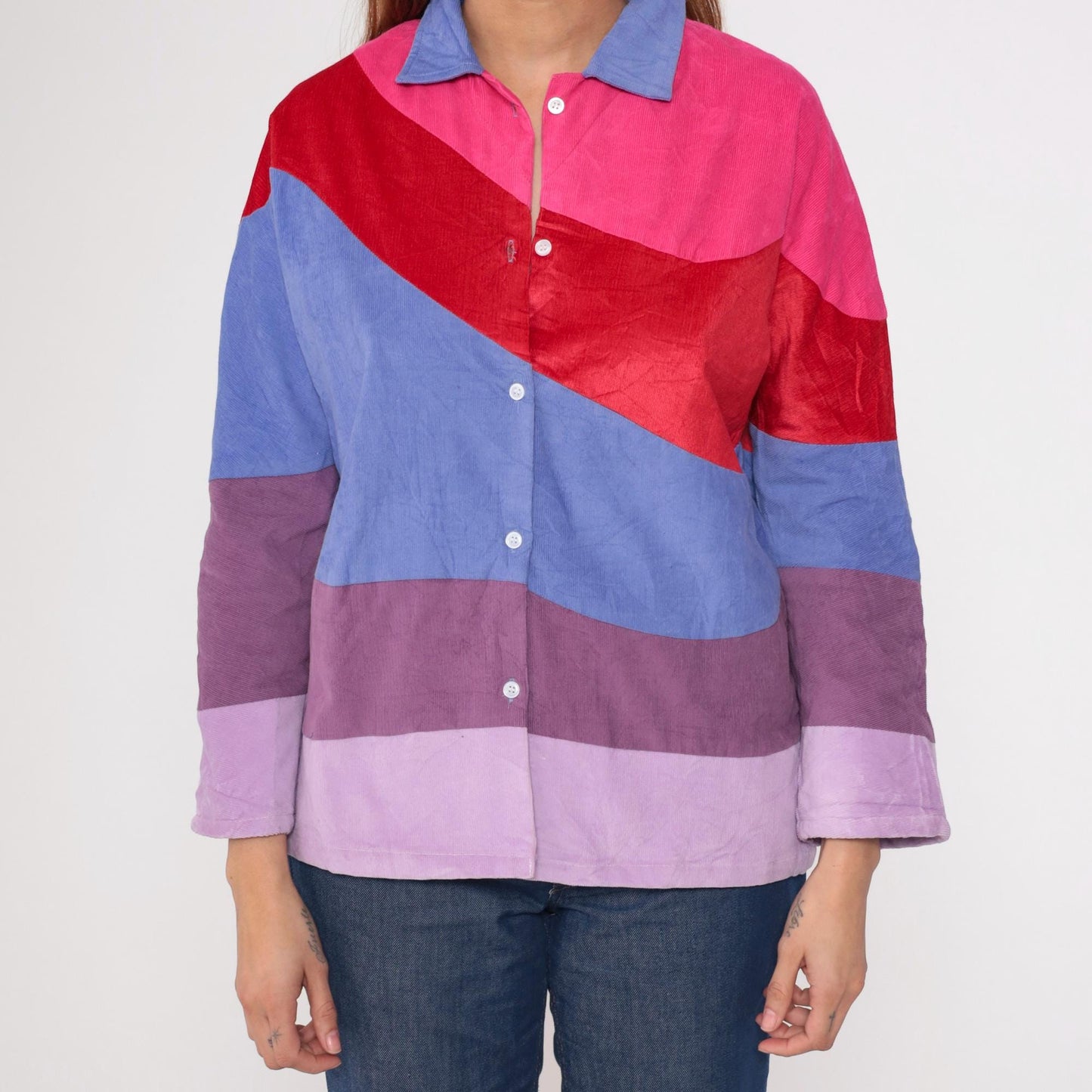 70s Corduroy Color Block Button Up Blouse Pink Purple Red Long Sleeve Large L