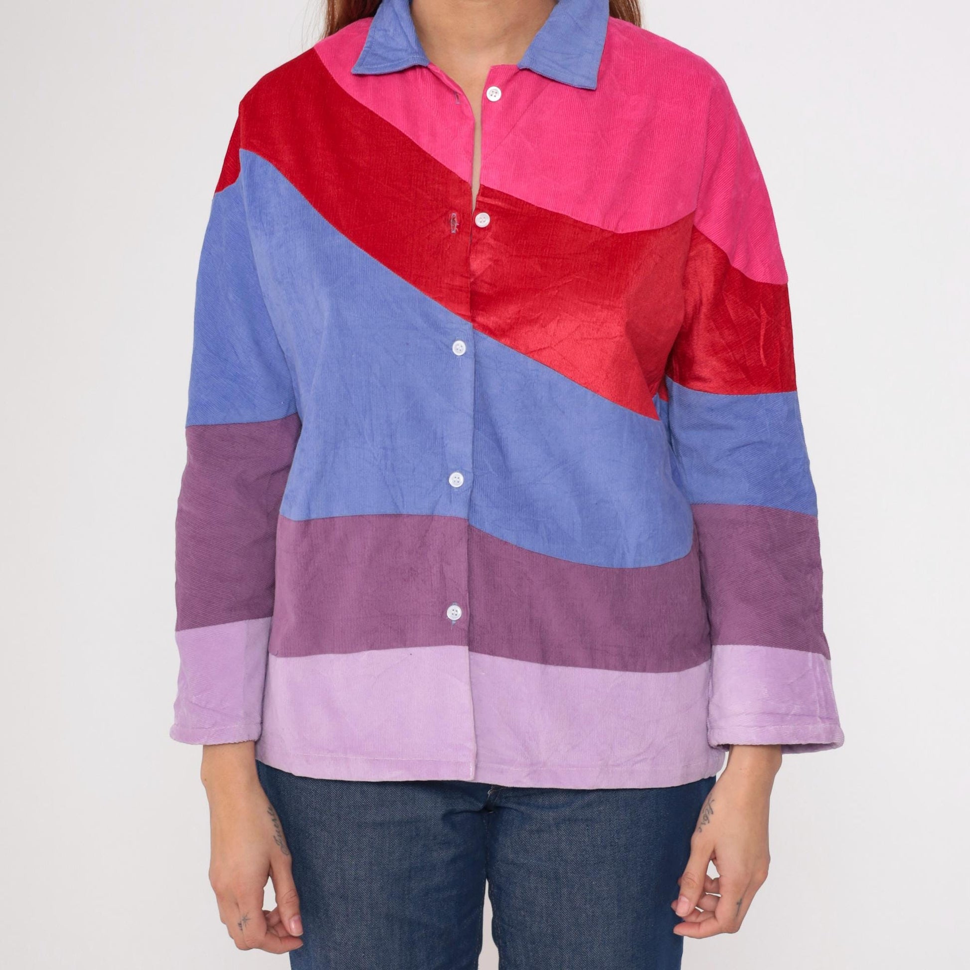 70s Corduroy Color Block Button Up Blouse Pink Purple Red Long Sleeve Large L
