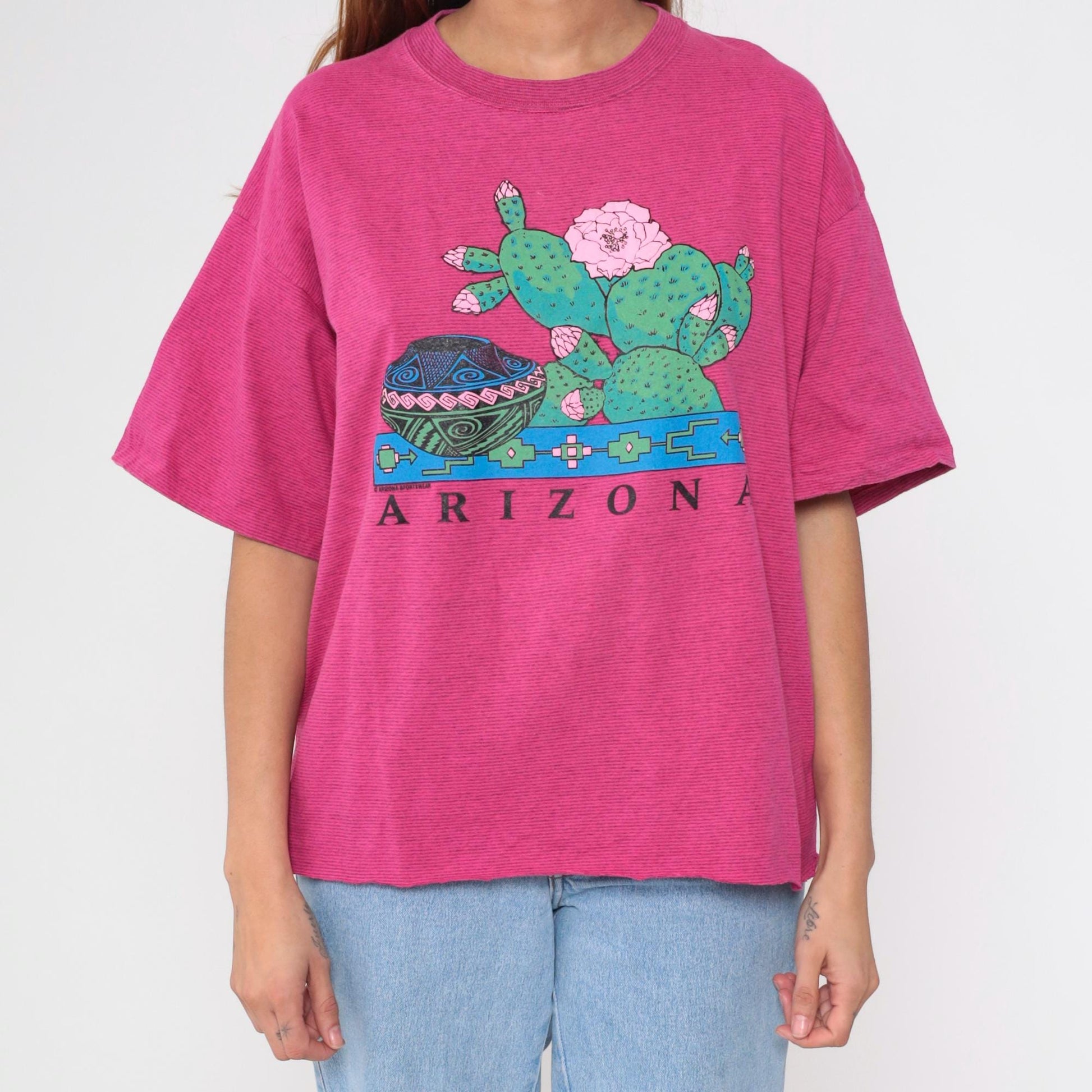90s Arizona Prickly Pear Cactus Graphic T-Shirt Hot Pink Native American Pottery Extra Large