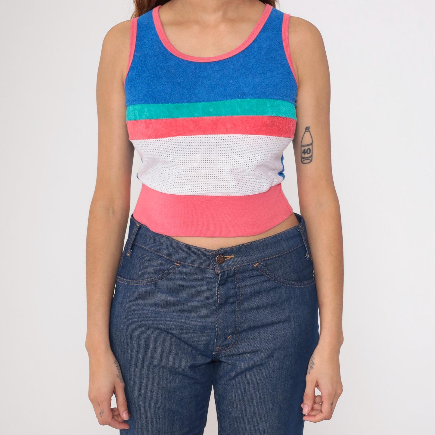 80s Terrycloth Tank Top Striped Blue Coral Mesh Ringer Crop Extra Small