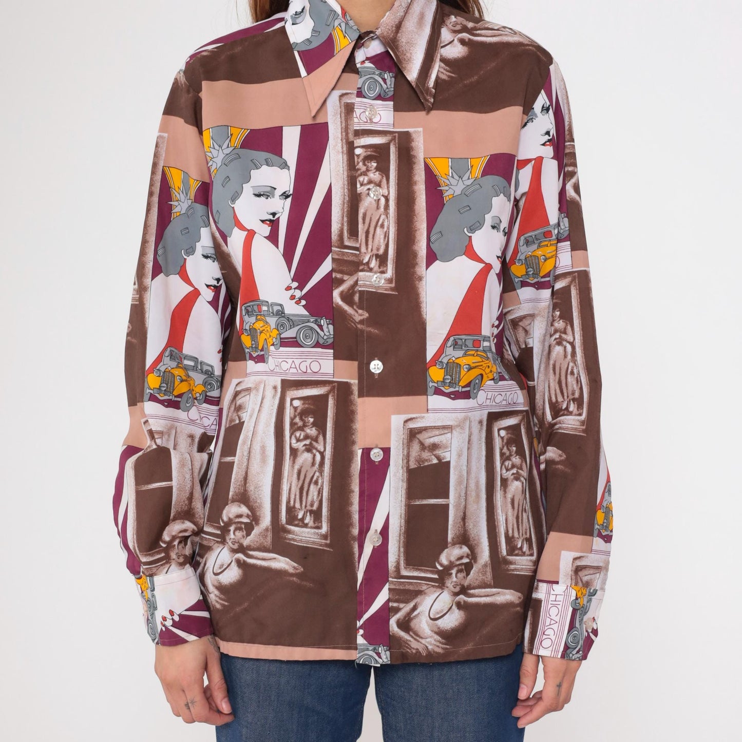 70s Art Deco Chicago Car Print Button Up Shirt Novelty Graphic Medium