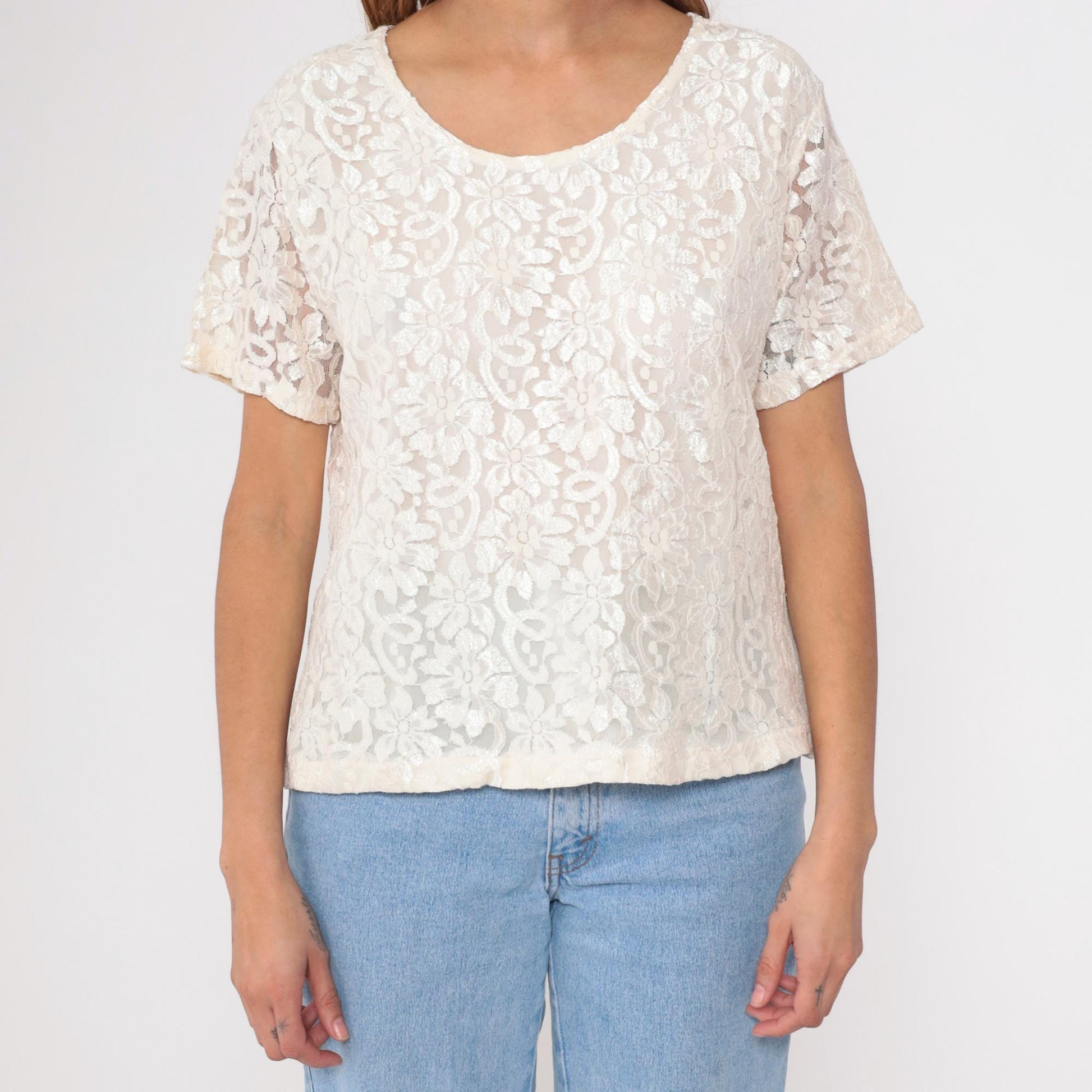 90s Cream Lace Blouse Sheer Sleeve Scoop Neck Party Top Large L