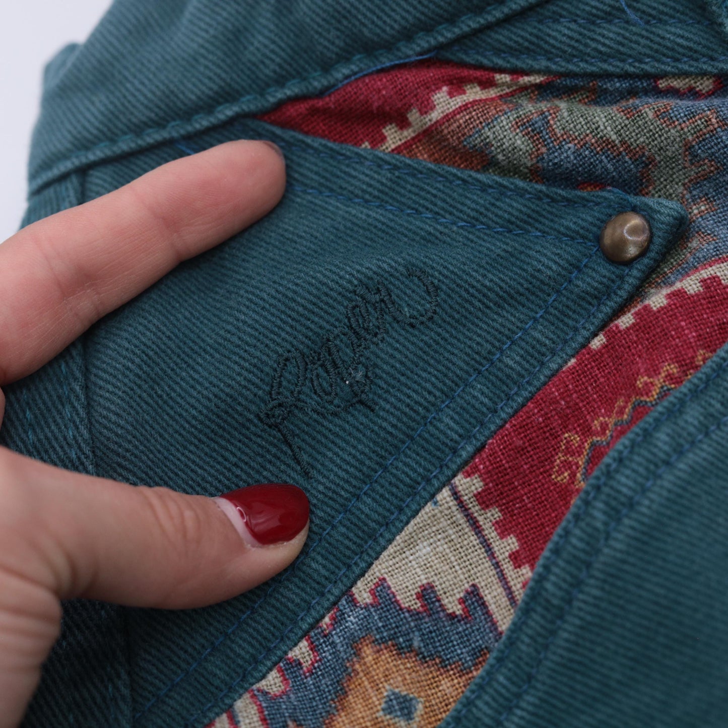 90s Roper Forest Green Denim Jeans Southwestern Patchwork High Waist Small