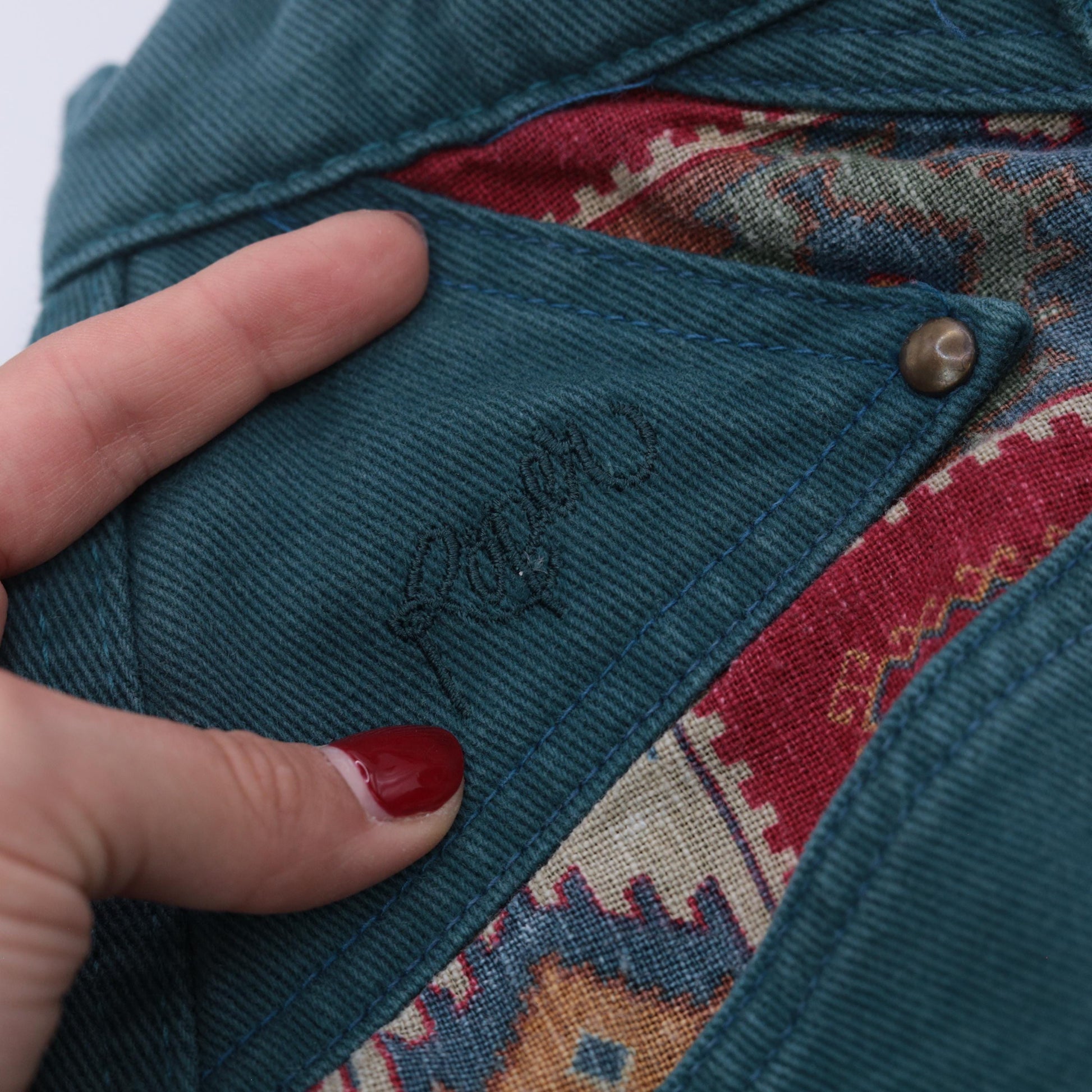 90s Roper Forest Green Denim Jeans Southwestern Patchwork High Waist Small