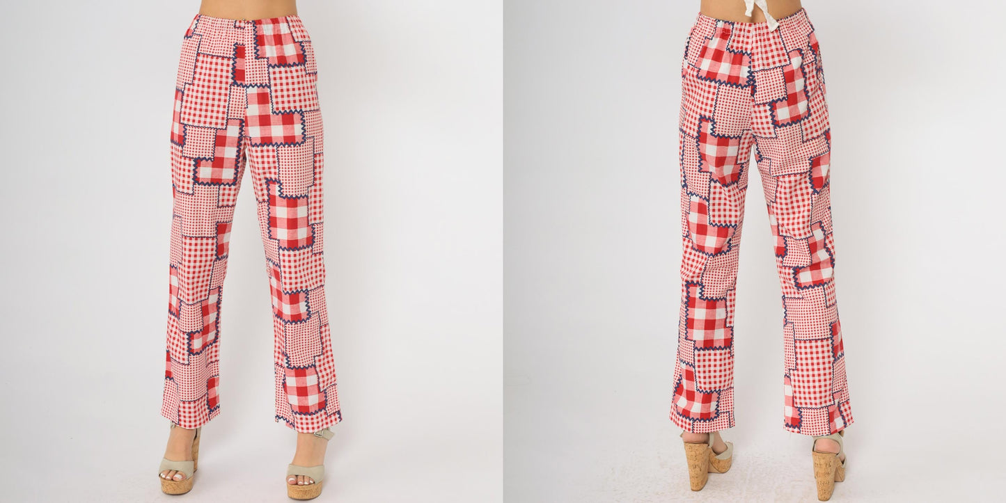 70s Patchwork Pants Red Gingham Check High Rise Wide Leg Cotton Extra Small XS