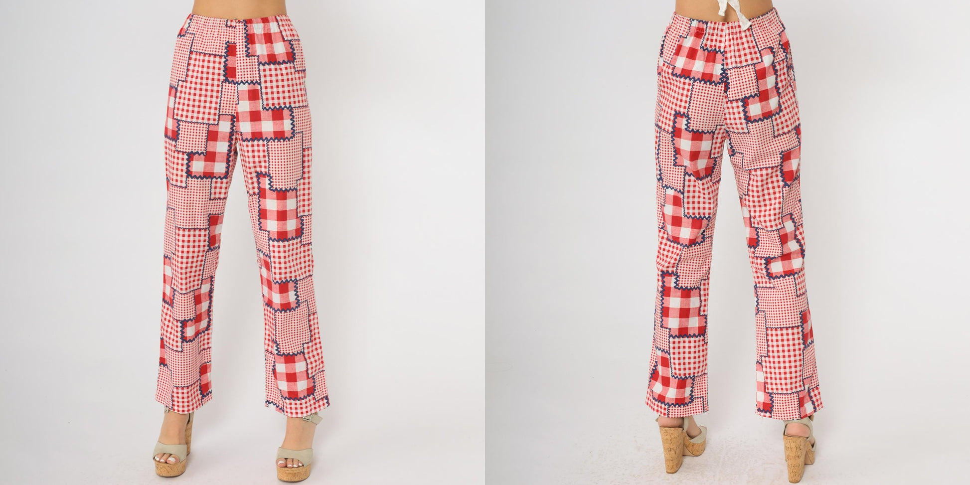 70s Patchwork Pants Red Gingham Check High Rise Wide Leg Cotton Extra Small XS
