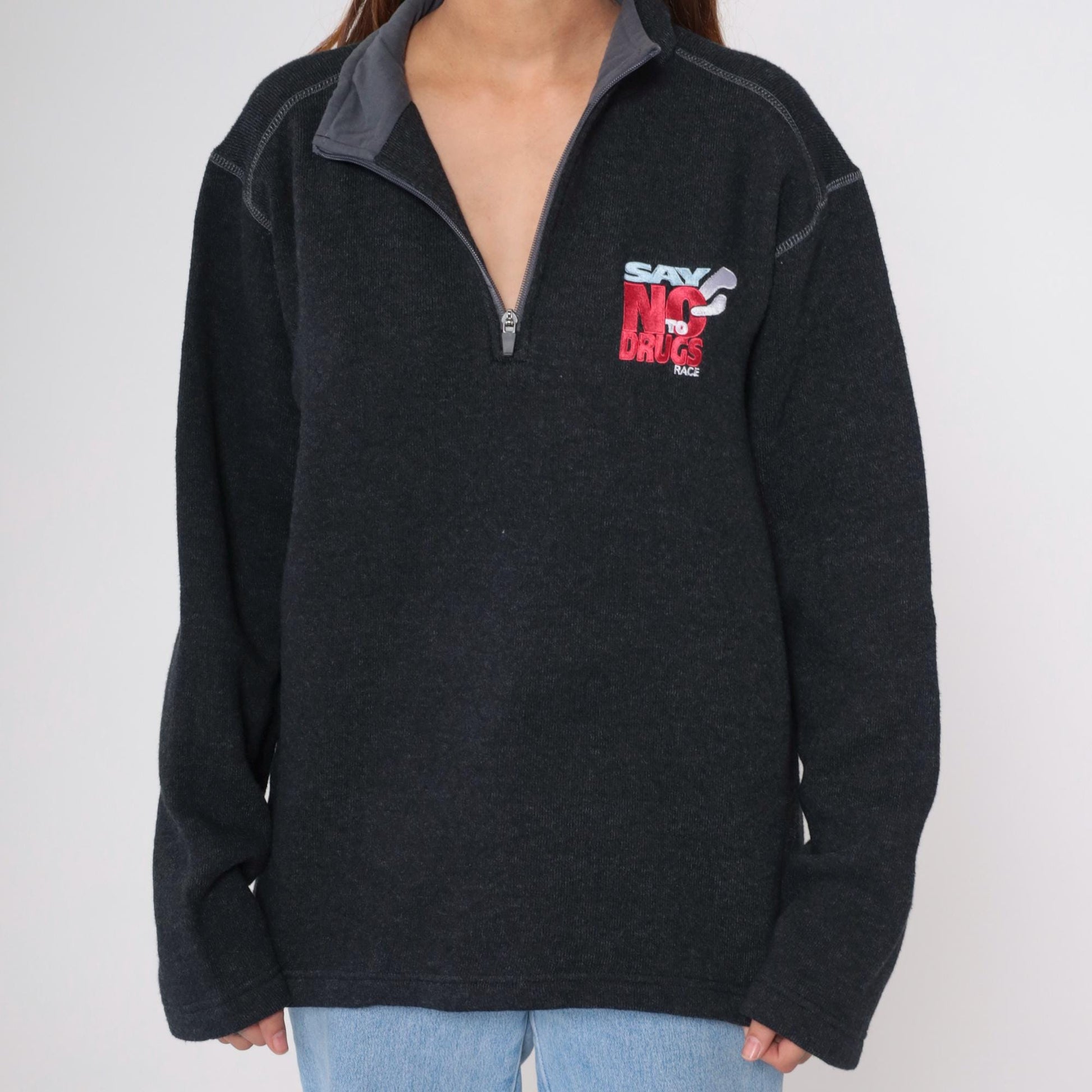 00s Say No To Drugs Race Quarter Zip Sweater Charcoal Grey Knit Large L
