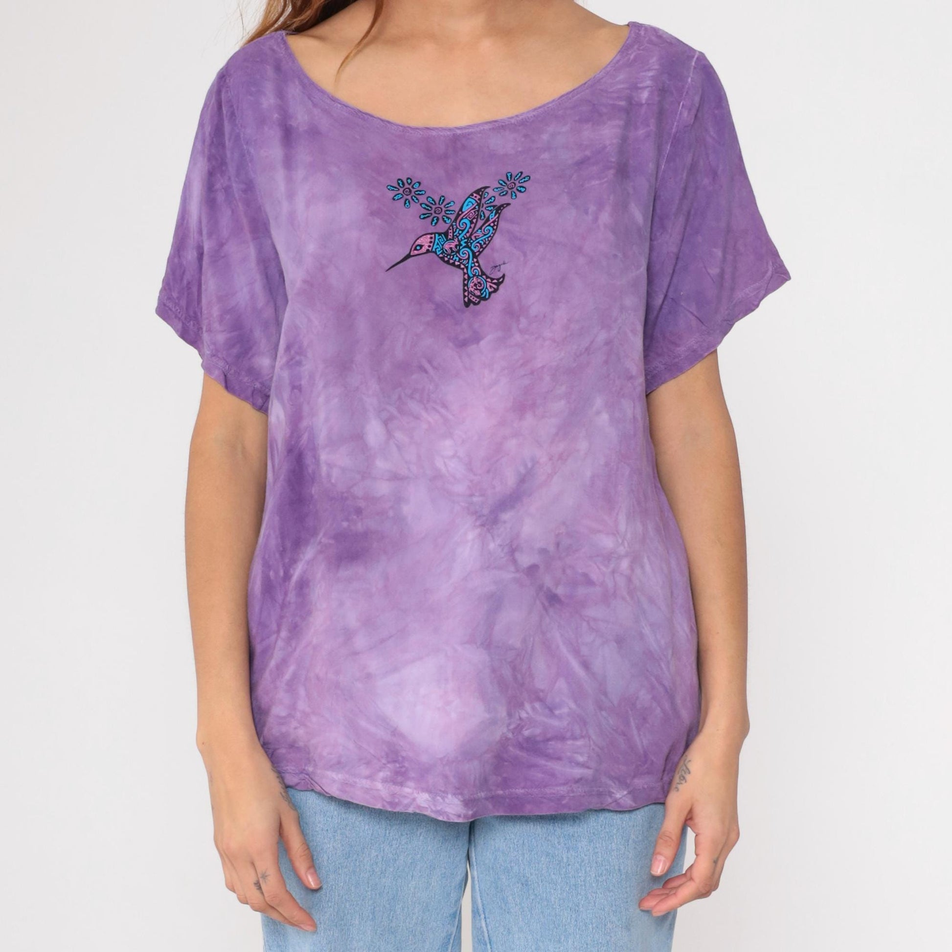 Y2K Purple Tie Dye Rayon Blouse Hummingbird Print Short Sleeve Large