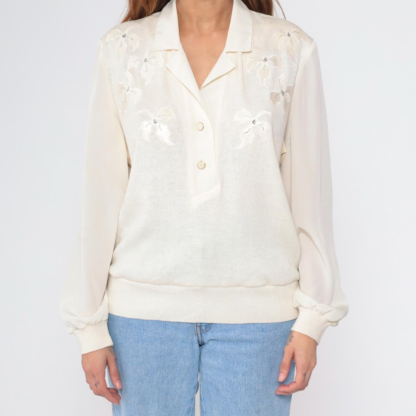 80s Philippe Marques Ivory Blouse Floral Appliqué Rhinestone Satin Knit Large L