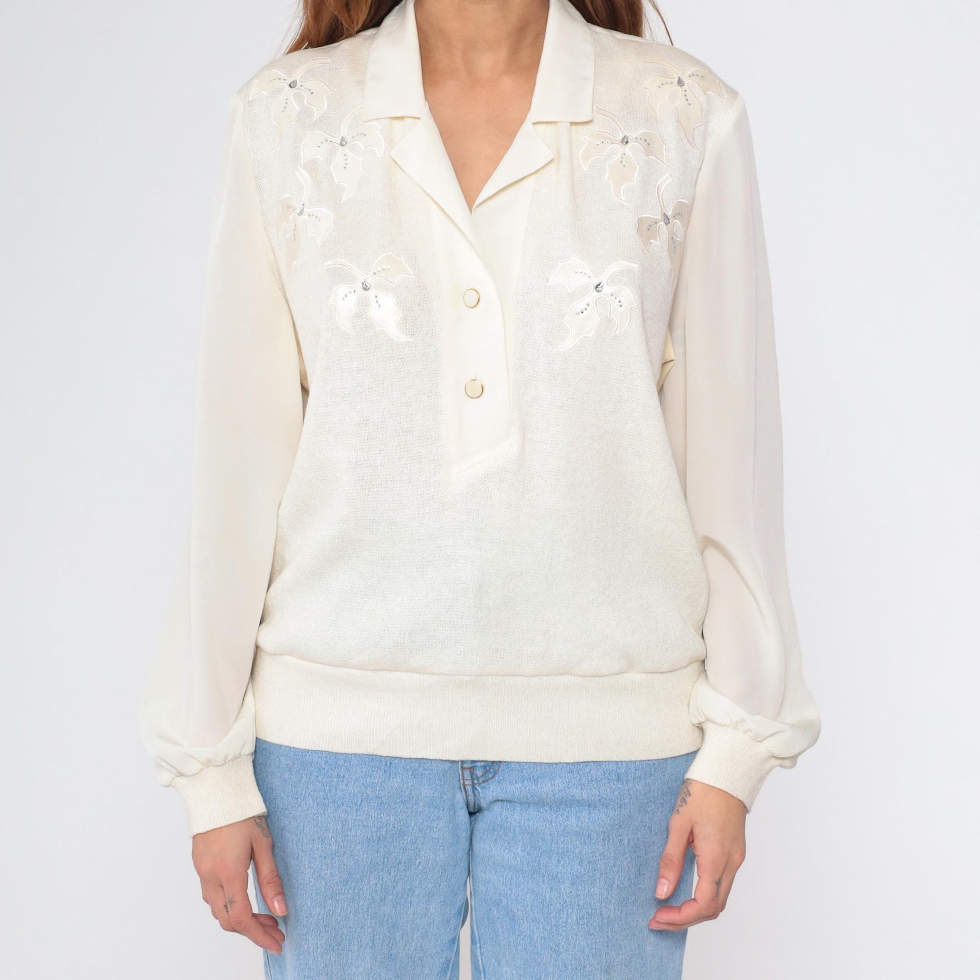 80s Philippe Marques Ivory Blouse Floral Appliqué Rhinestone Satin Knit Large L