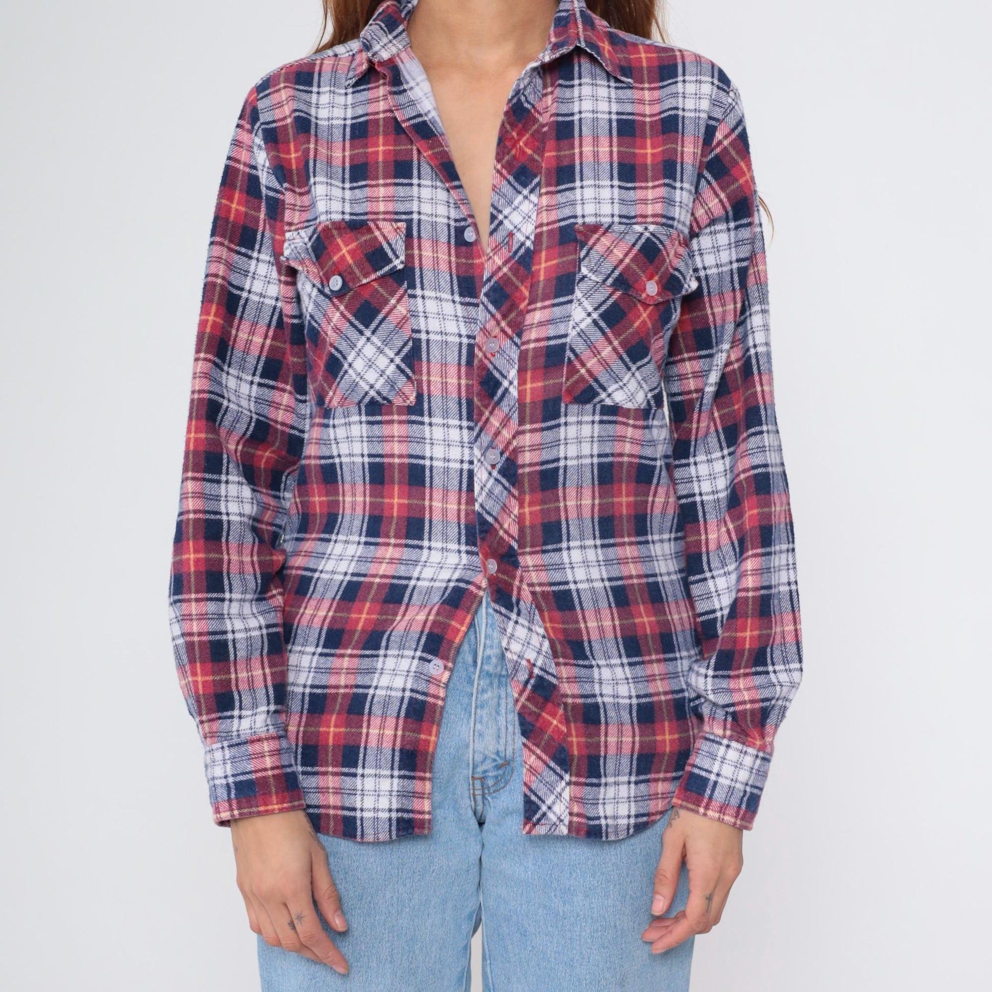 80s Red White Blue Plaid Flannel Button-Up Shirt Small S