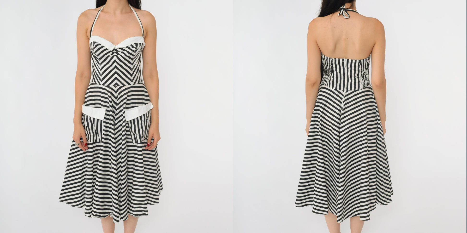 80s Black White Striped Halter Midi Dress Sweetheart Neckline Extra Small