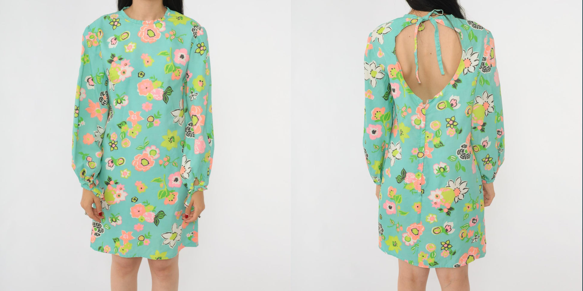 60s Mod Floral Mini Dress Aqua Blue Keyhole Back Long Sleeve Small