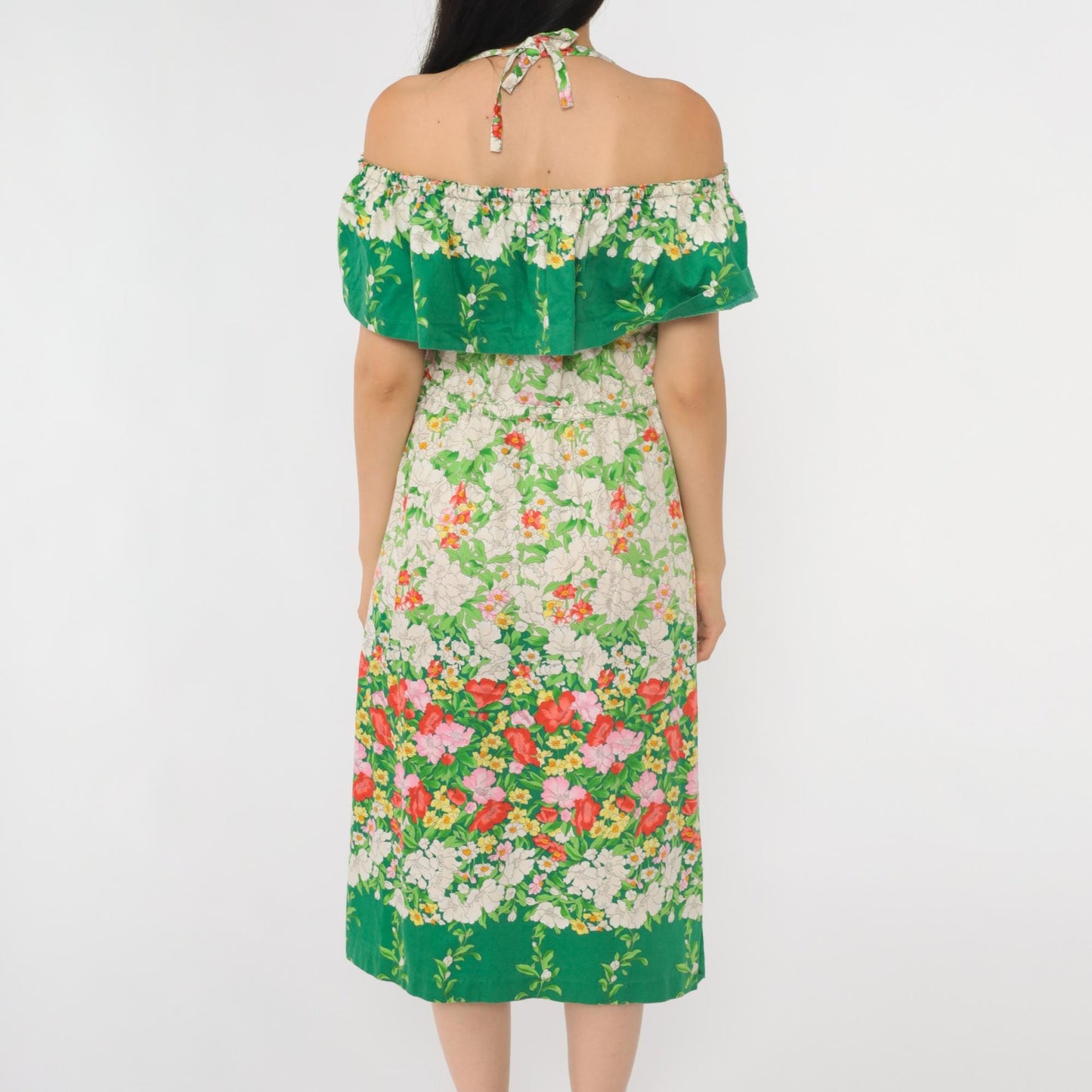 70s Parade Floral Off-Shoulder Midi Dress Green White Halter Small Medium