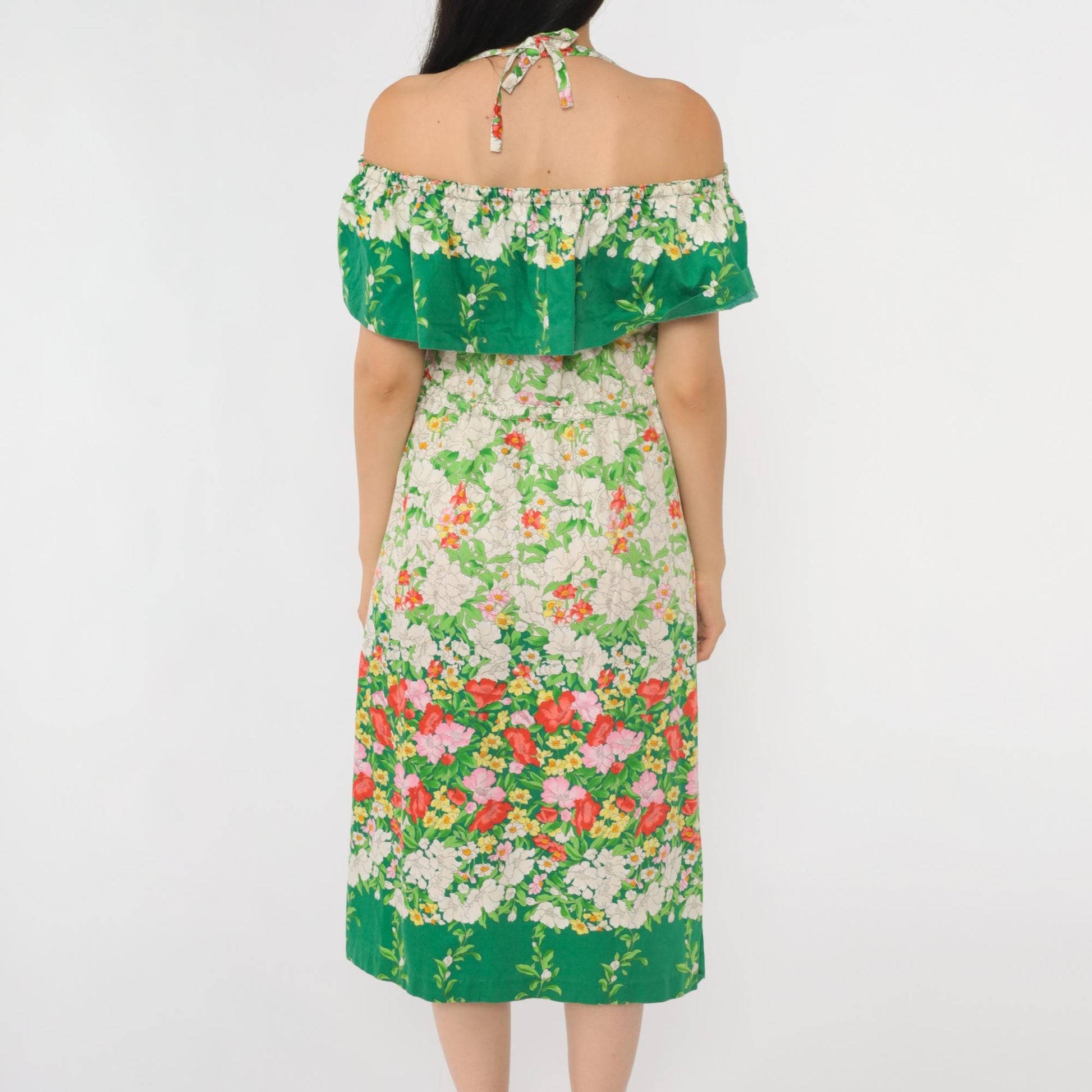 70s Parade Floral Off-Shoulder Midi Dress Green White Halter Small Medium