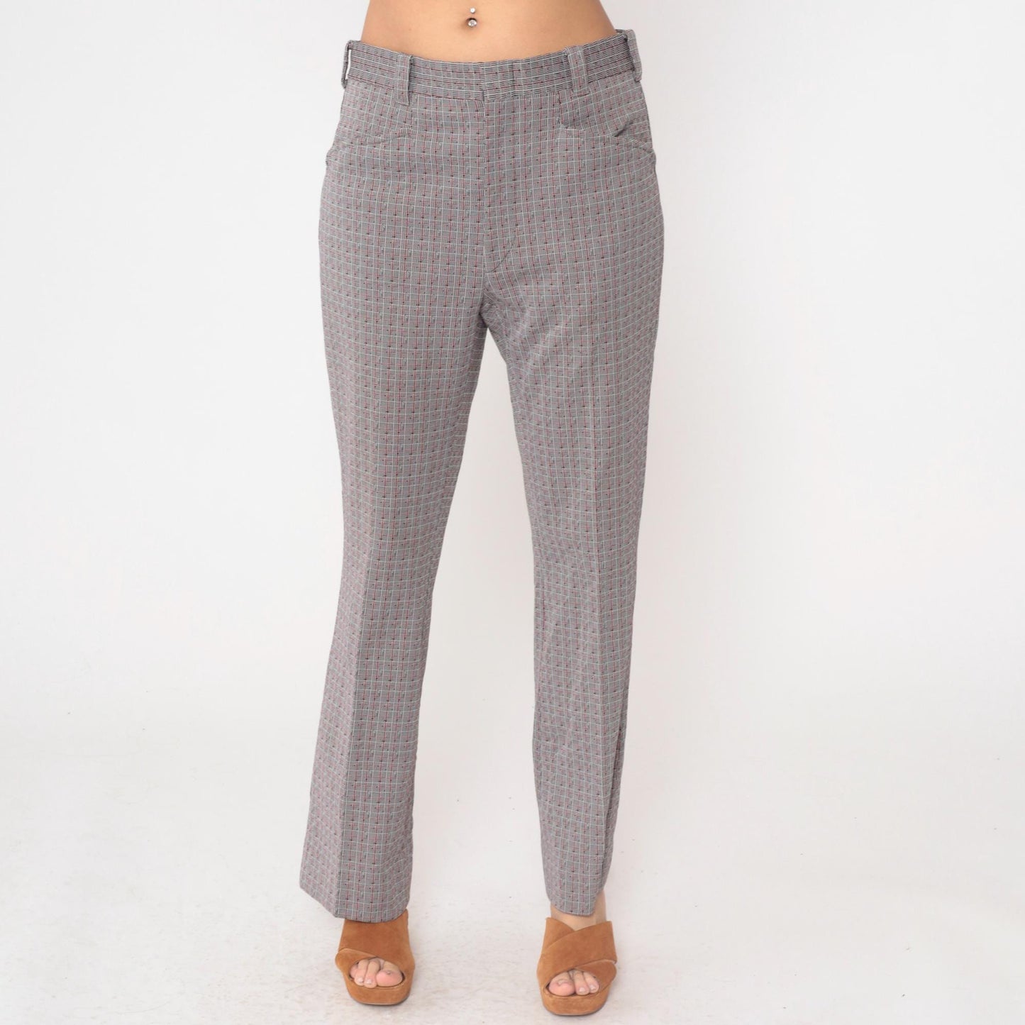 70s Grey Plaid Straight Leg Trousers High Waisted Checkered Cotton Blend Medium M