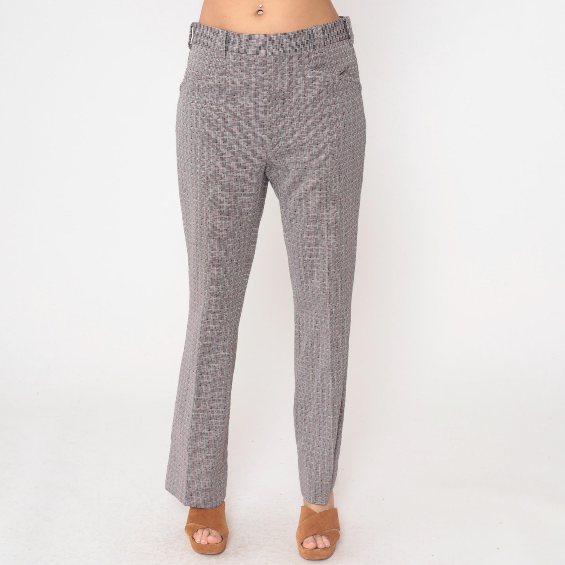 70s Grey Plaid Straight Leg Trousers High Waisted Checkered Cotton Blend Medium M