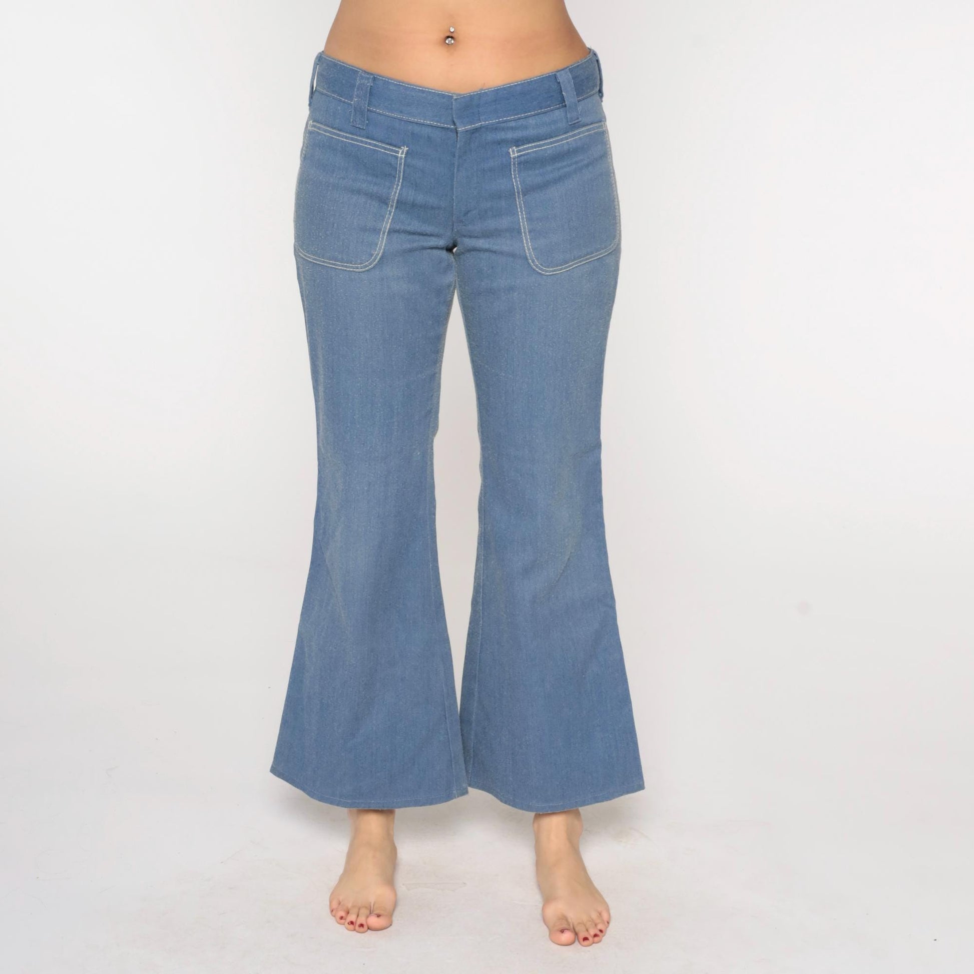 70s Blue Twill Bell Bottom Pants Mid Rise Flared Trousers Men's Medium