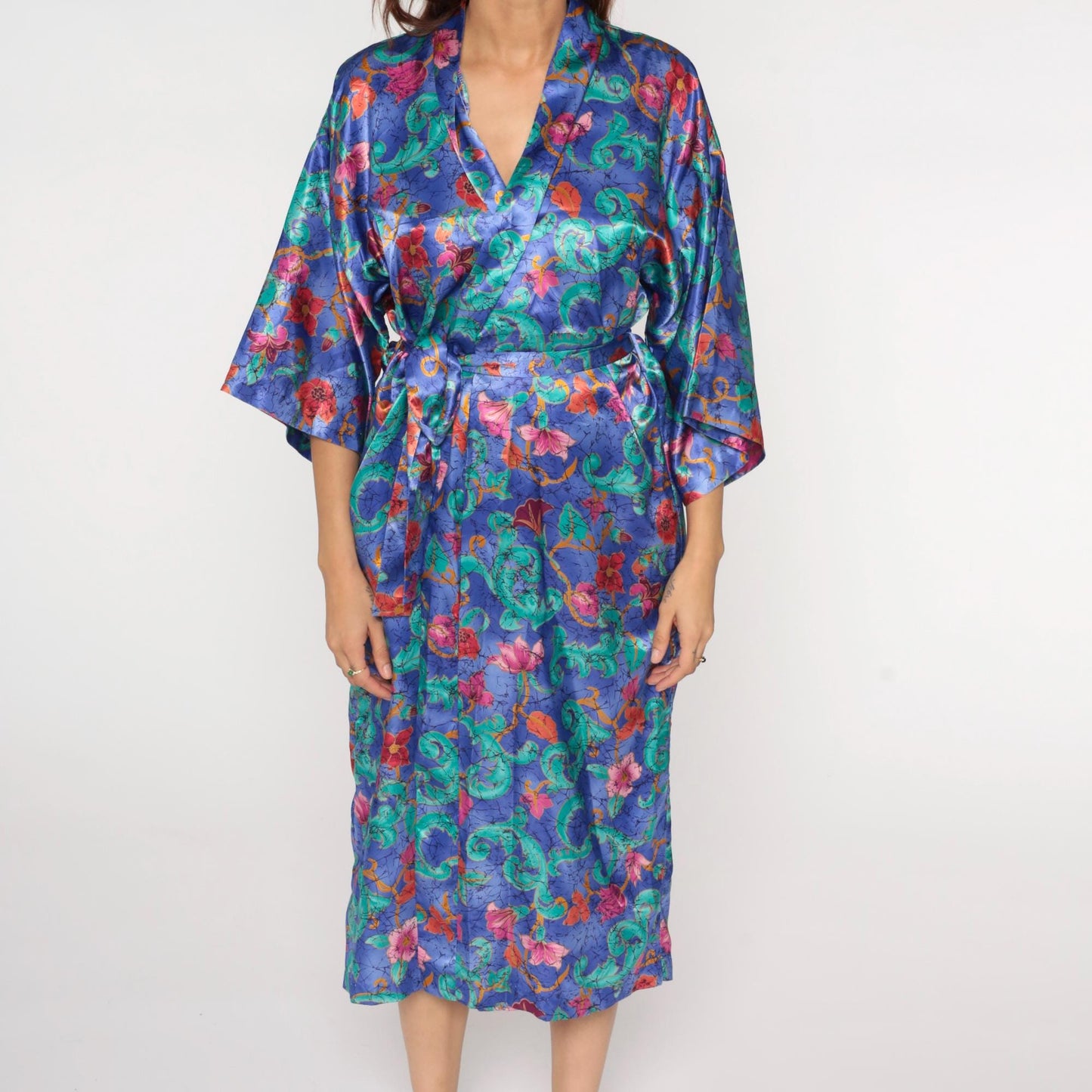 90s Purple Floral Satin Midi Robe Wrap Front Tie Belt Large