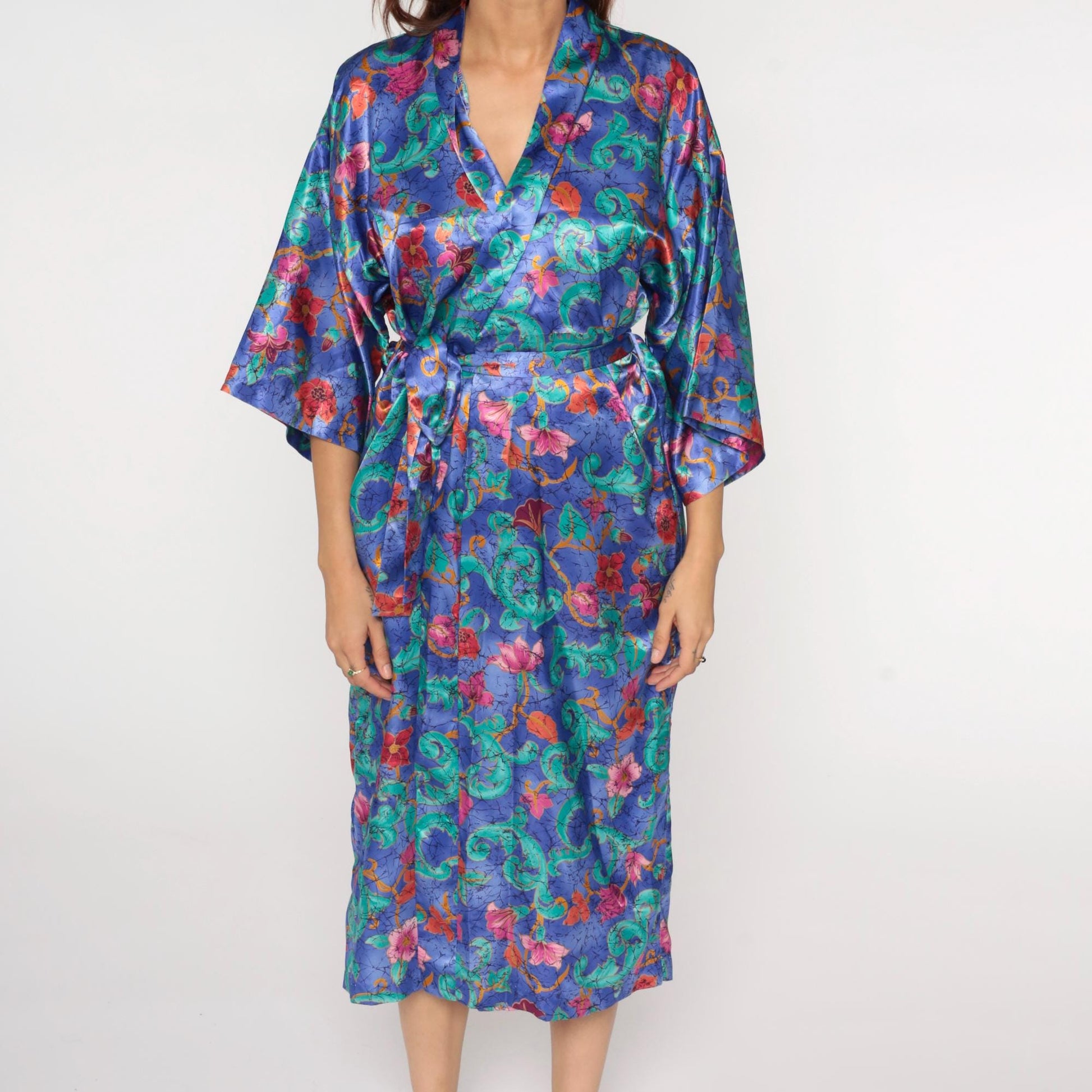 90s Purple Floral Satin Midi Robe Wrap Front Tie Belt Large
