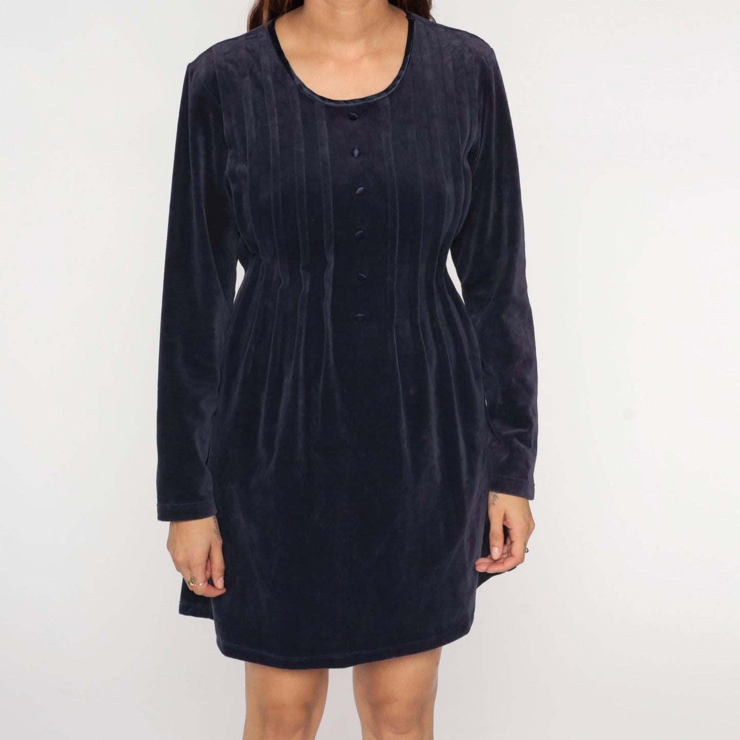 90s Midnight Blue Velour Mini Dress Long Sleeve Pleated Babydoll Medium M