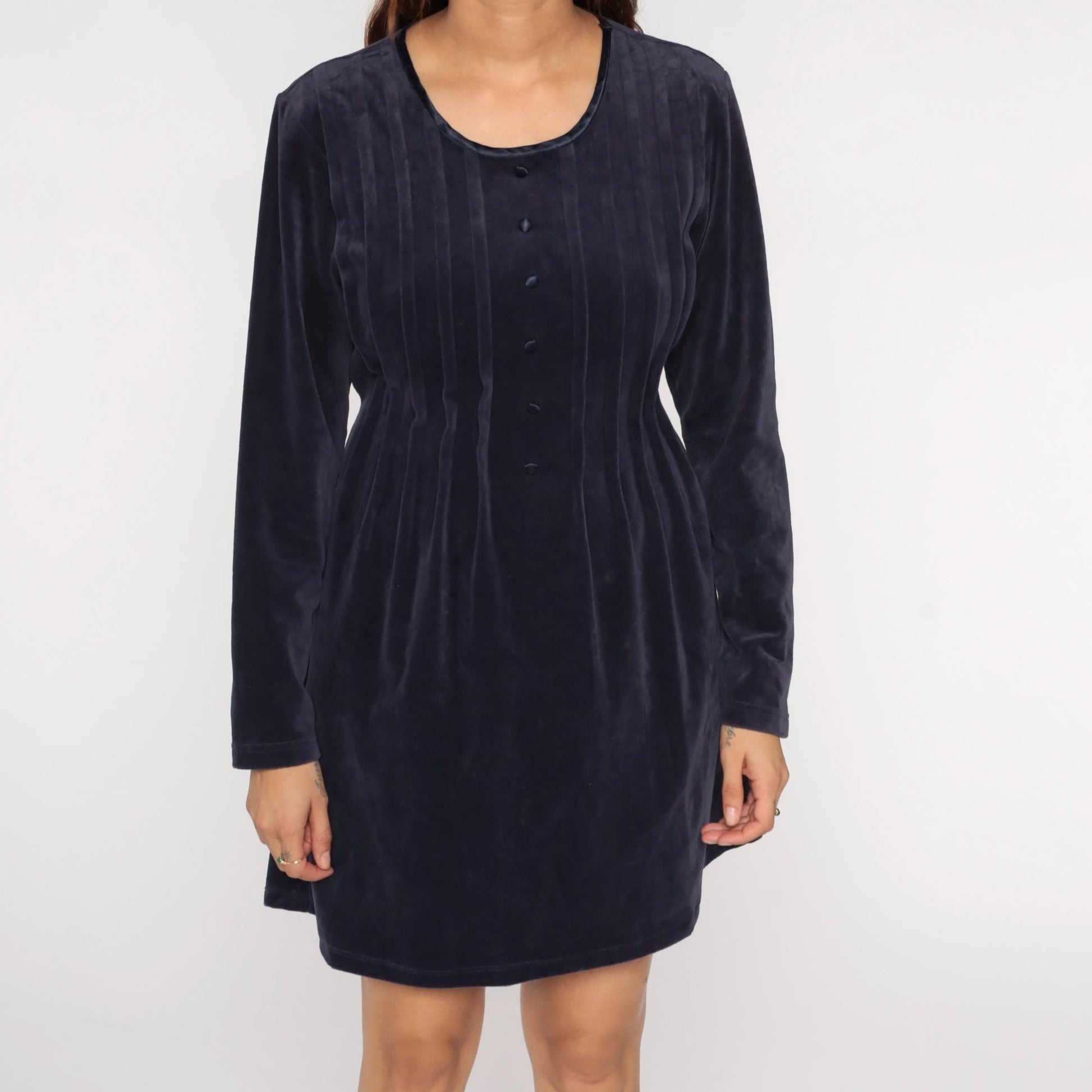 90s Midnight Blue Velour Mini Dress Long Sleeve Pleated Babydoll Medium M