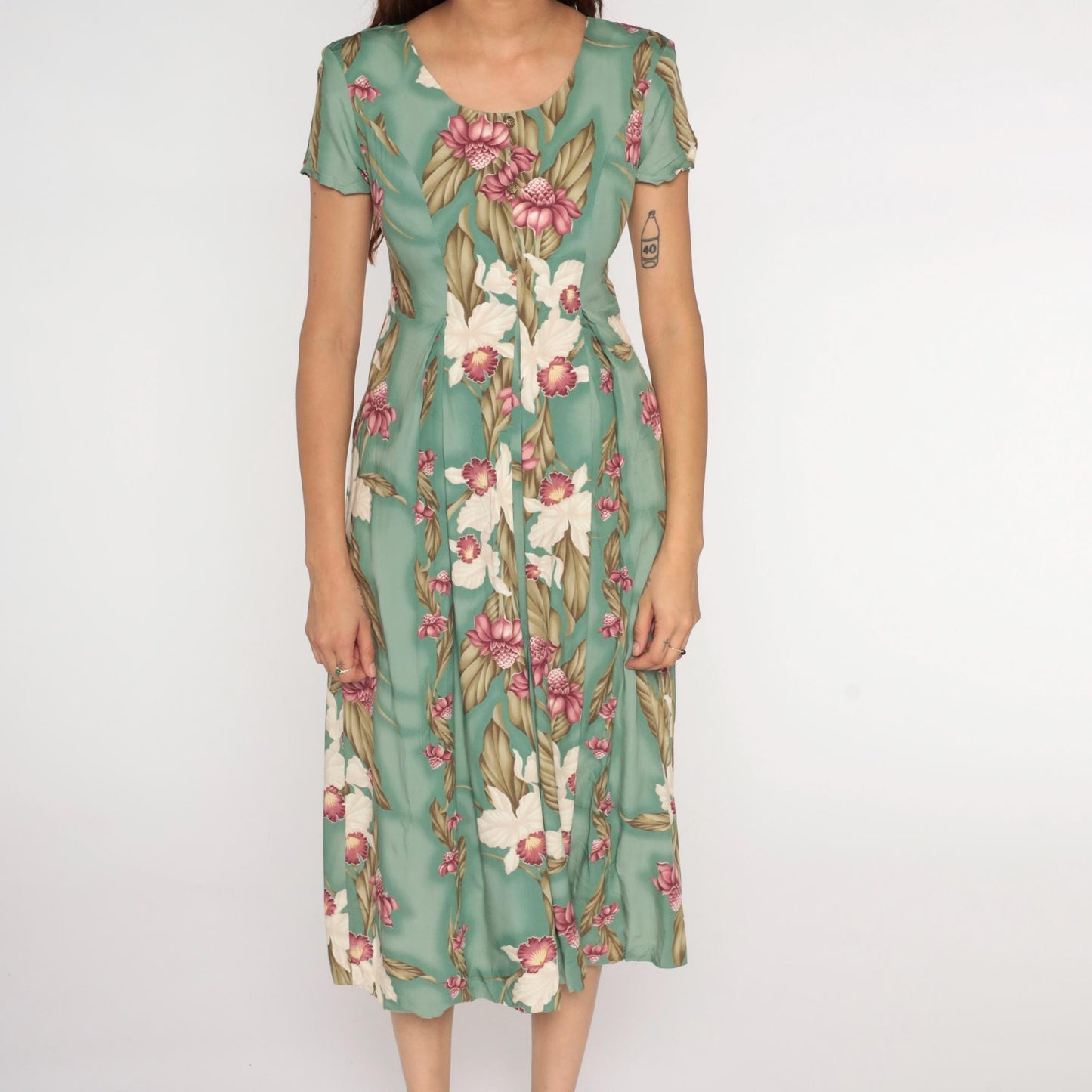 90s Iolani Hawaiian Tropical Floral Midi Dress Green Short Sleeve Petite