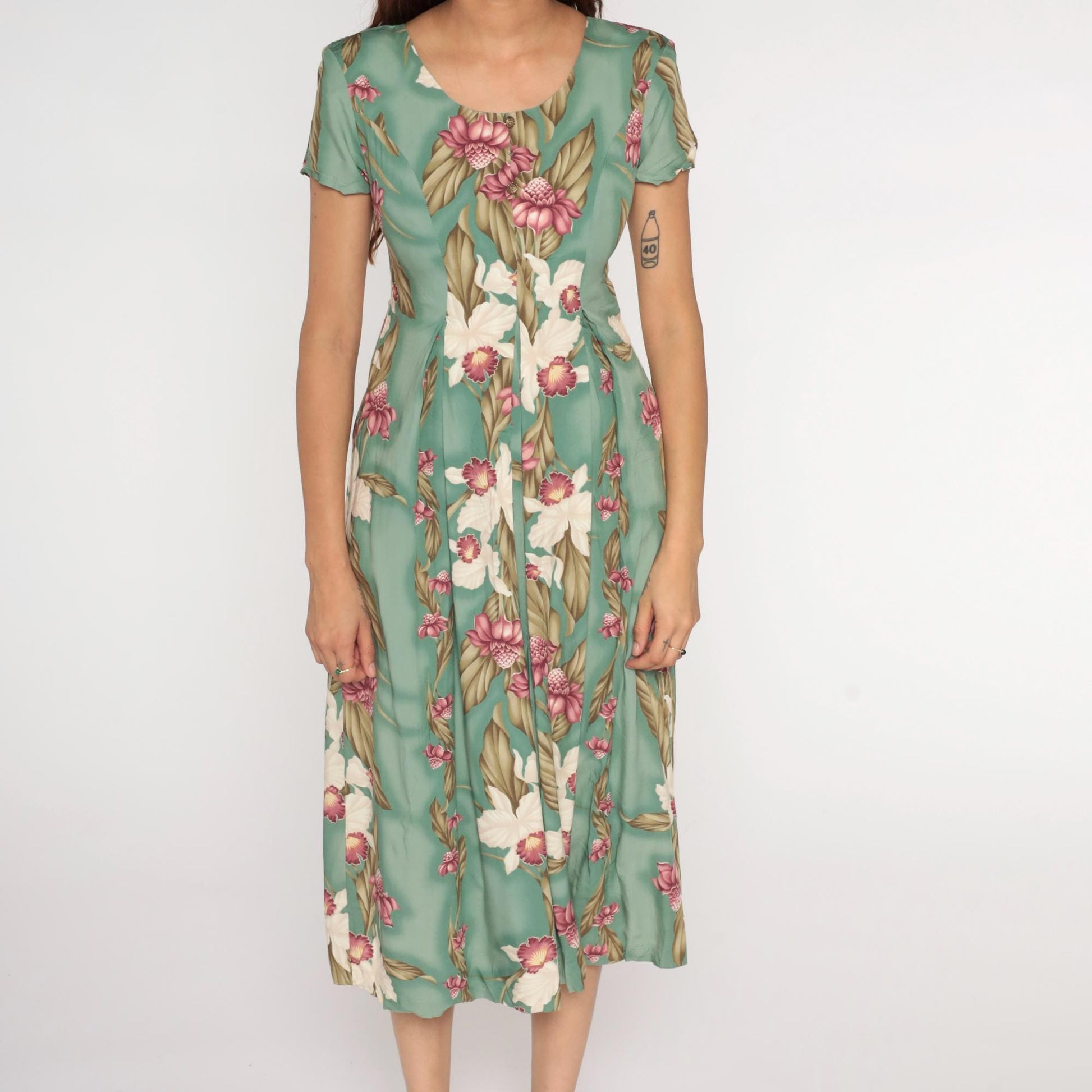 90s Iolani Hawaiian Tropical Floral Midi Dress Green Short Sleeve Petite