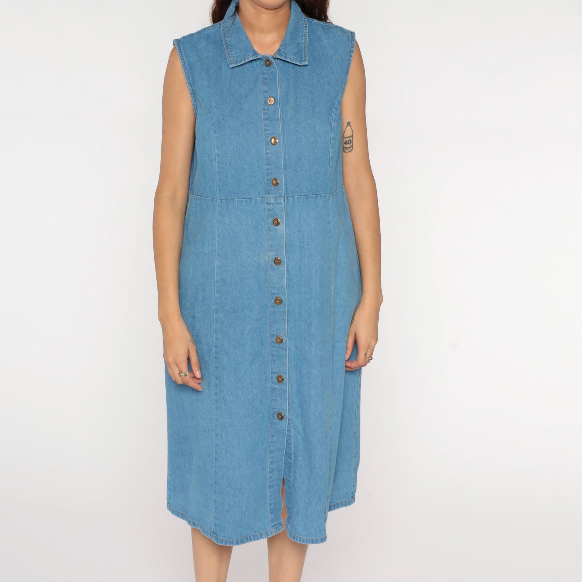 90s Blue Denim Midi Dress Sleeveless Button-Up High Waist Medium Large