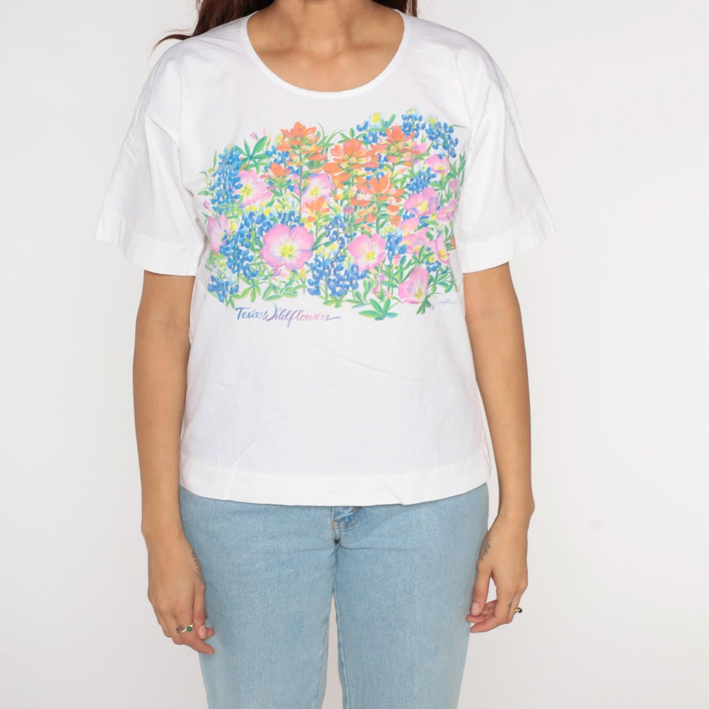 80s Swan Brand Texas Wildflowers White Graphic T-Shirt Cotton Tee Medium
