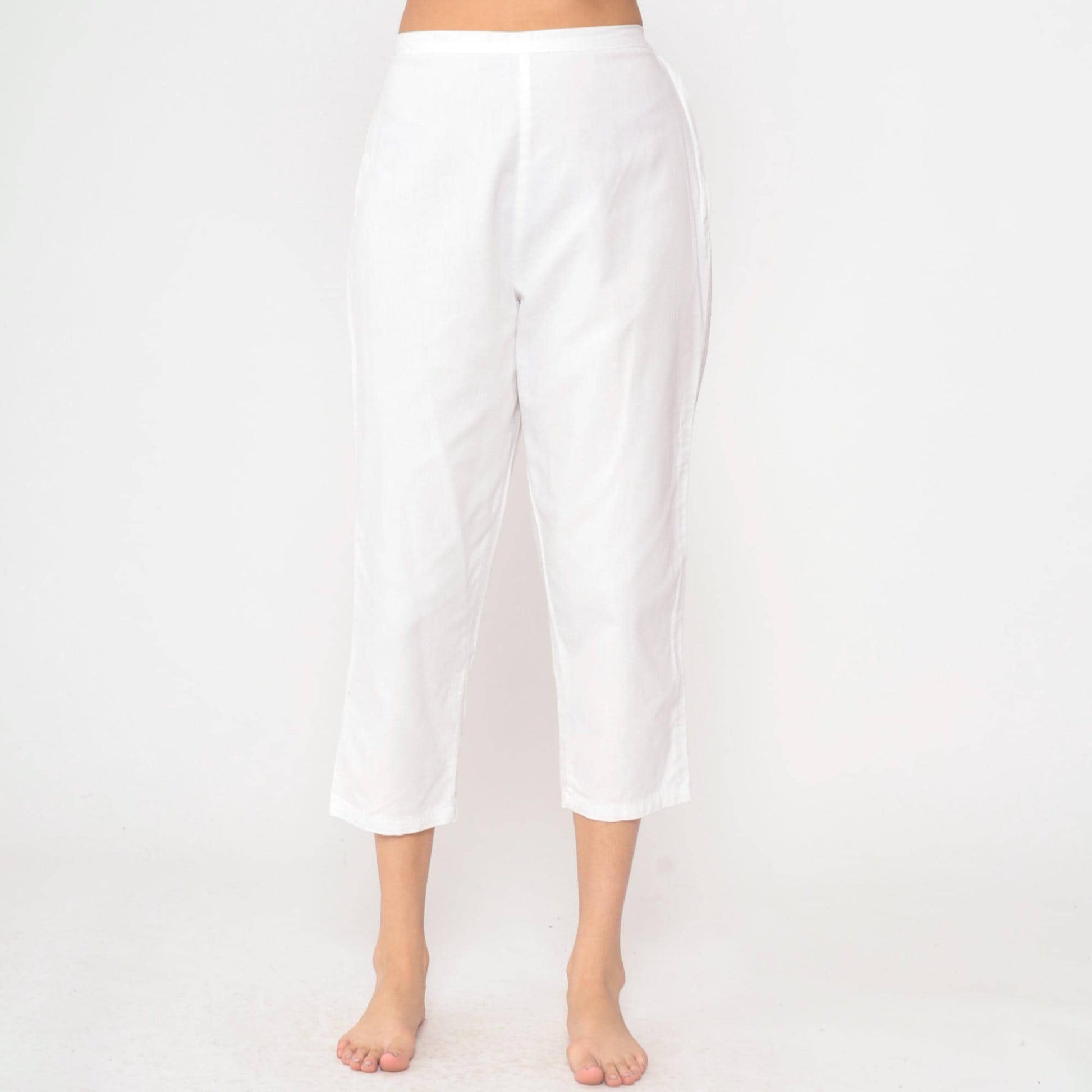 60s White High-Waisted Cropped Pants Cotton Straight Leg Small