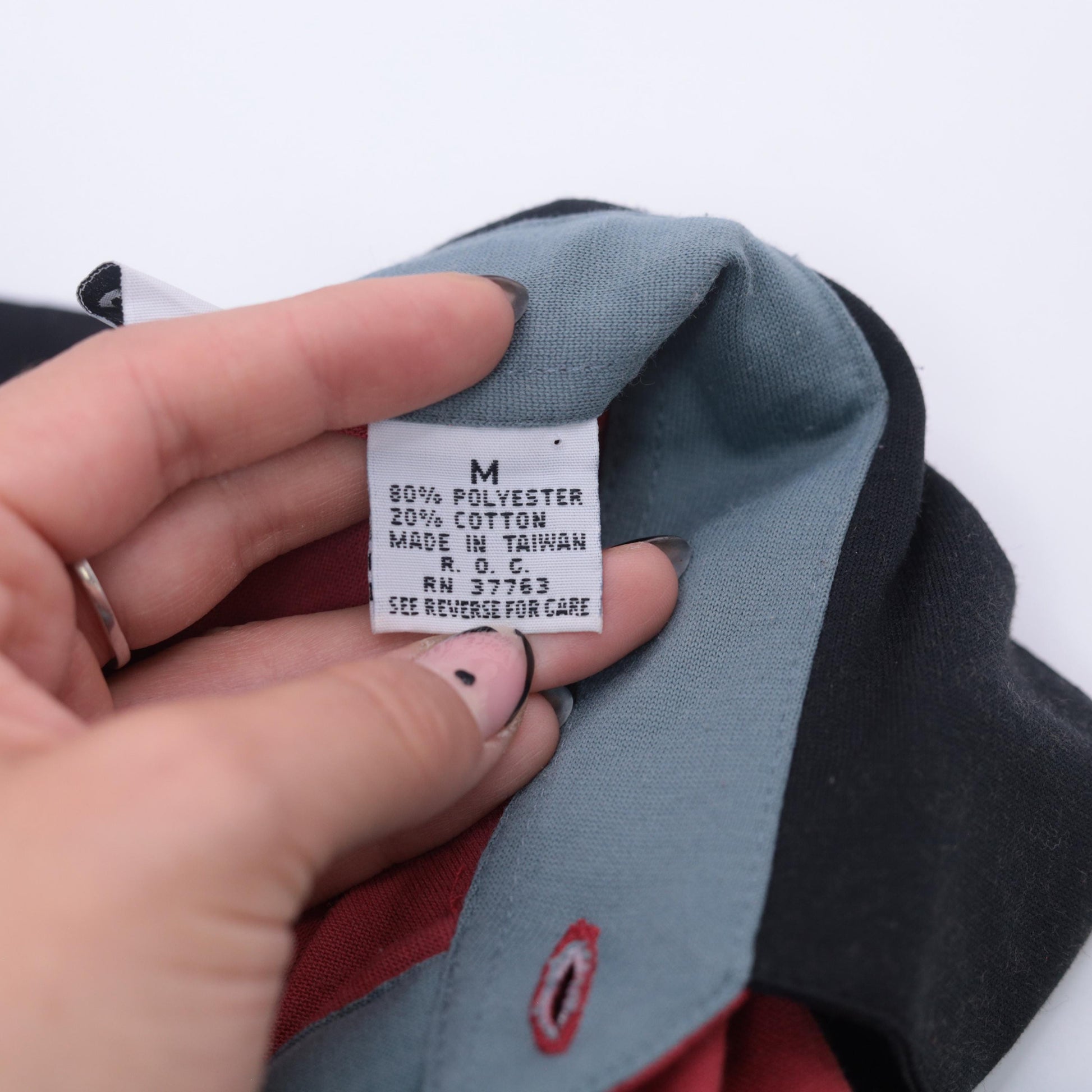 90s Color Block Polo Shirt Red Grey Black Horizontal Stripes Medium M