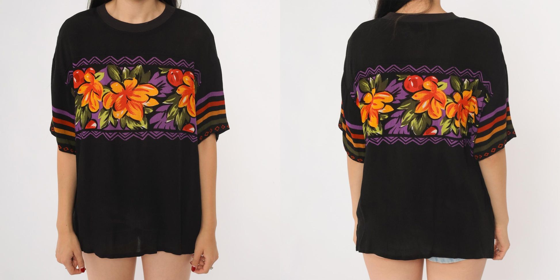 90s SK & Company Hawaiian Shirt Black Rayon Floral Orange Purple Large L