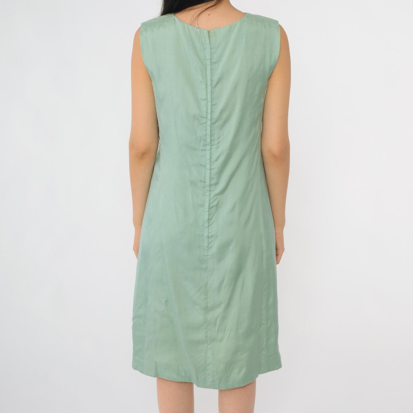 1960s Green Empire Waist Sheath Dress Sleeveless Knee Length Extra Small