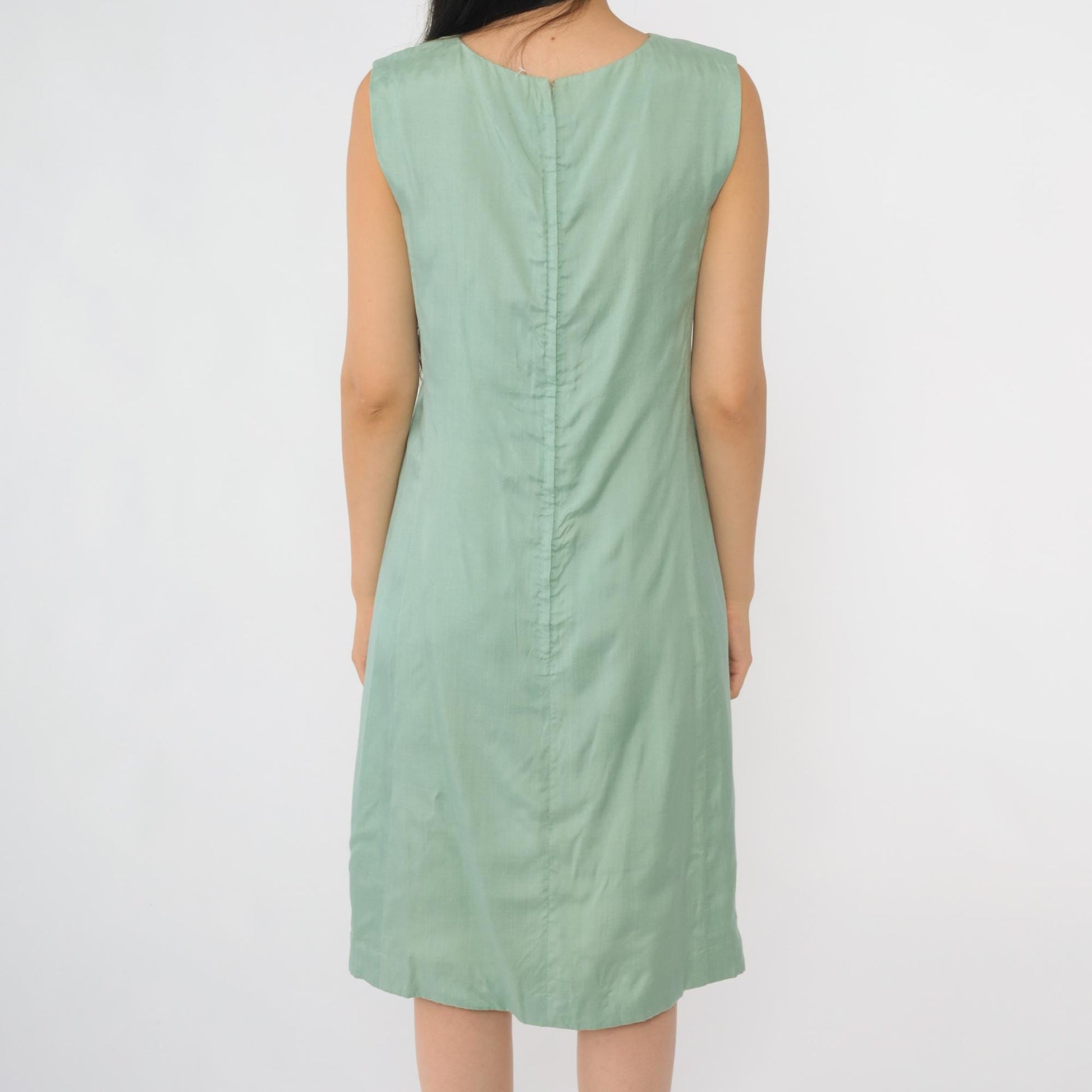 1960s Green Empire Waist Sheath Dress Sleeveless Knee Length Extra Small