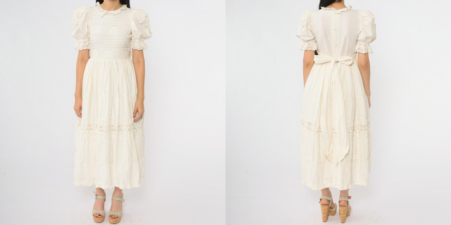 1980s Cream Lace Midi Dress Puff Sleeve Crochet Trim Ruffle Collar Extra Small XS