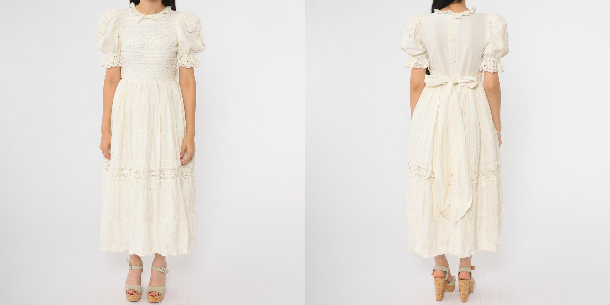 1980s Cream Lace Midi Dress Puff Sleeve Crochet Trim Ruffle Collar Extra Small XS
