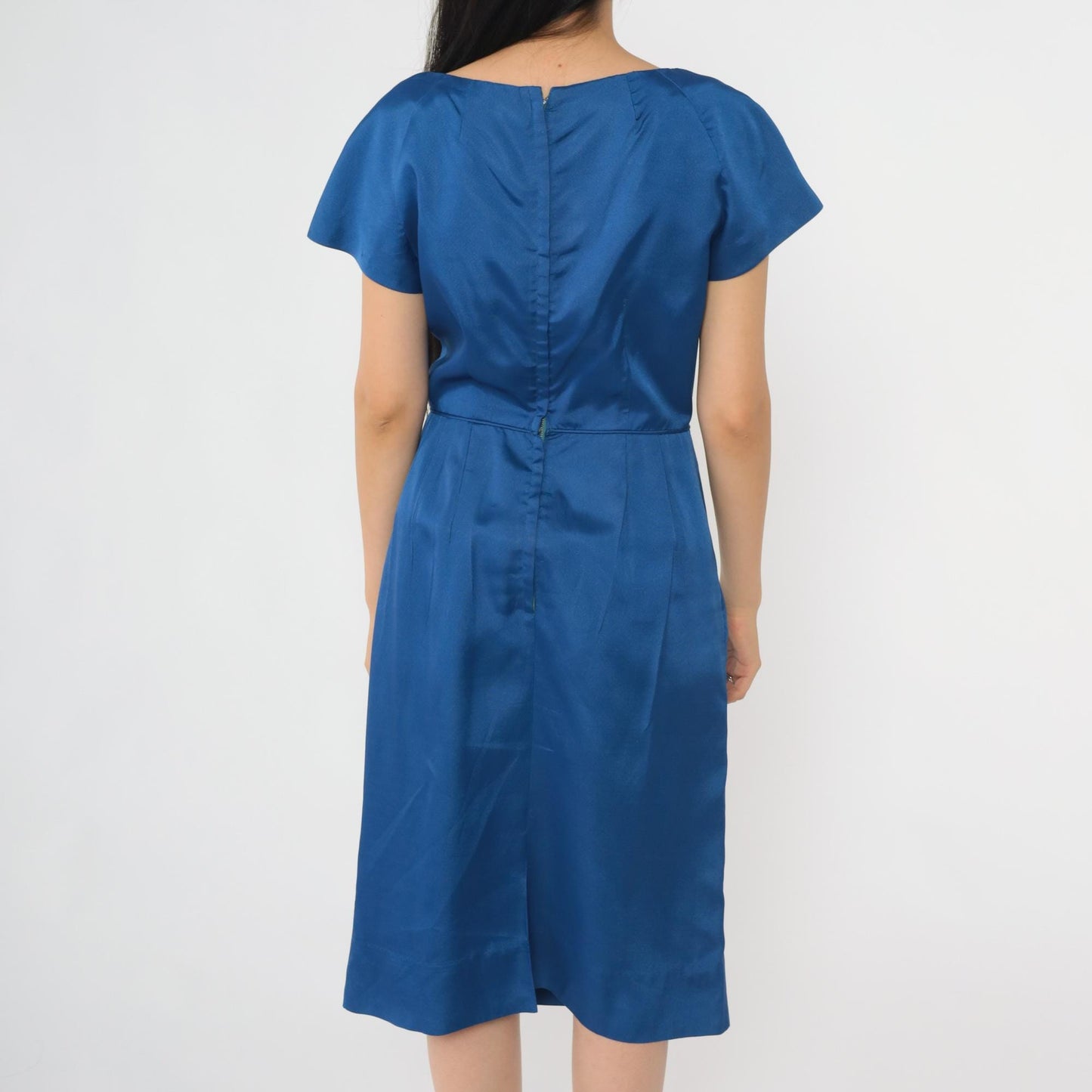 1960s Royal Blue Cocktail Dress Sculptural Neckline Midi Sheath Small S